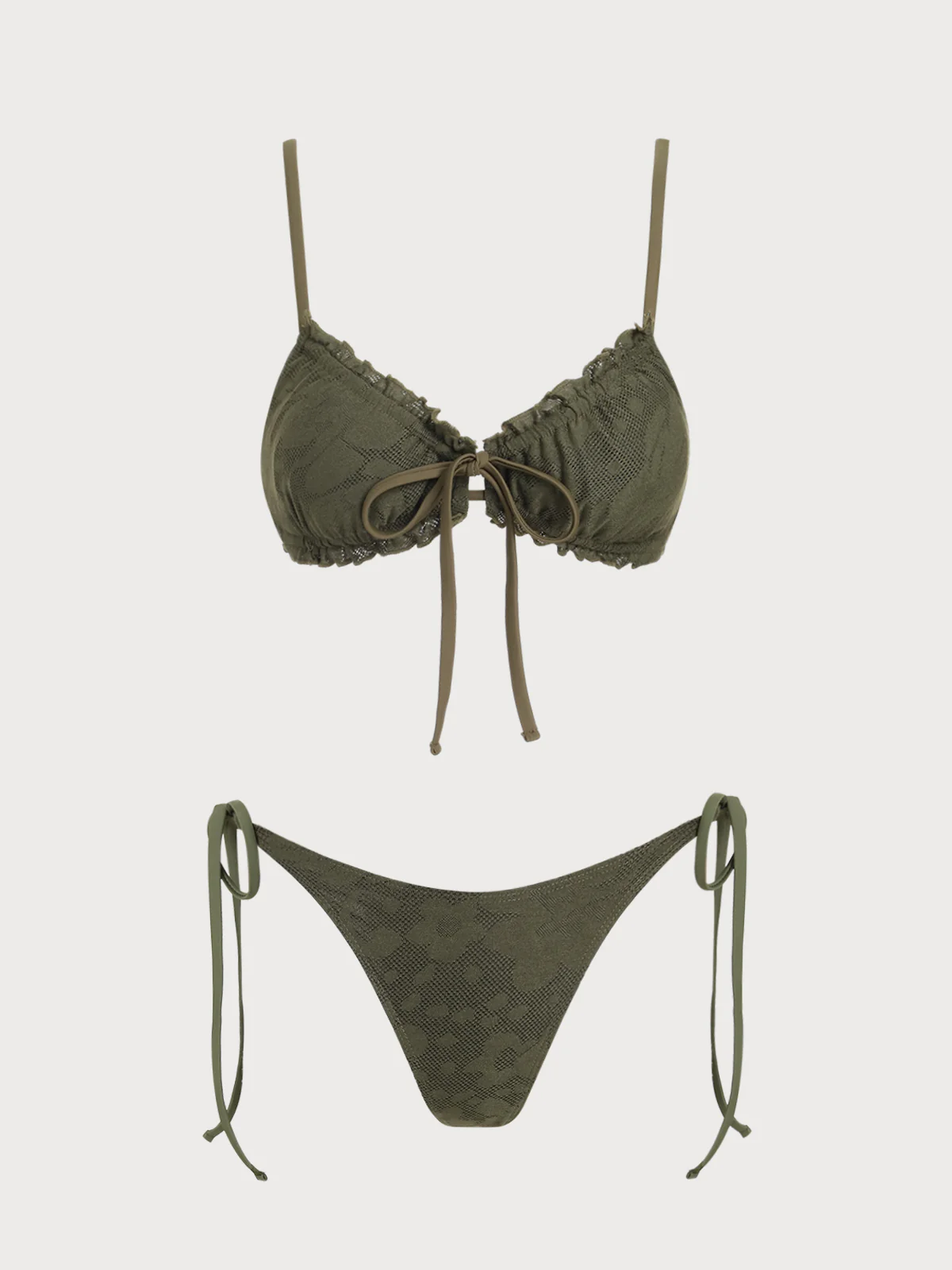 Army Green Ruffle Front Tie Bikini Set - Image 2
