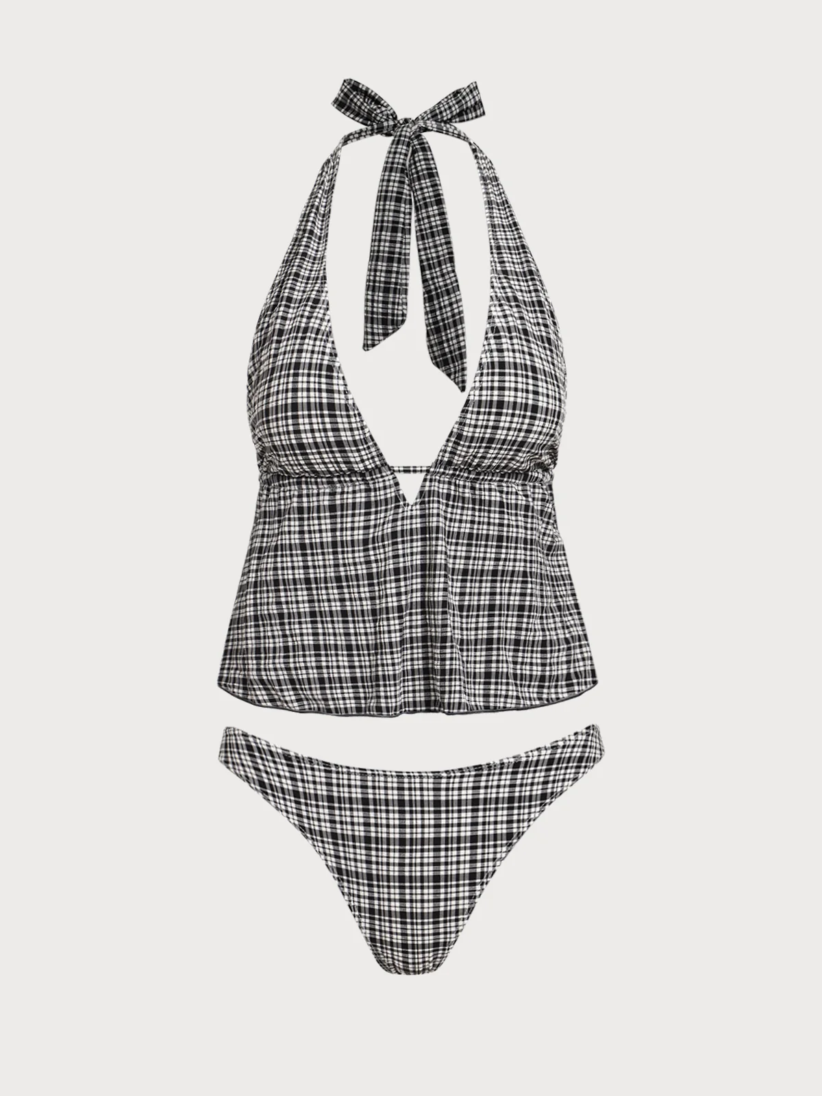 Black Deep V Plaid Tankini Set - Image 14
