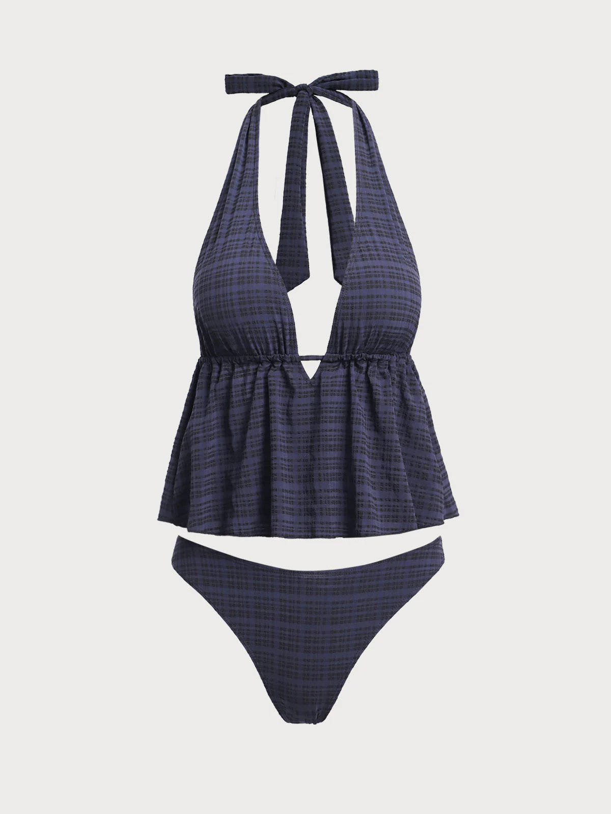 Black Deep V Plaid Tankini Set - Image 6