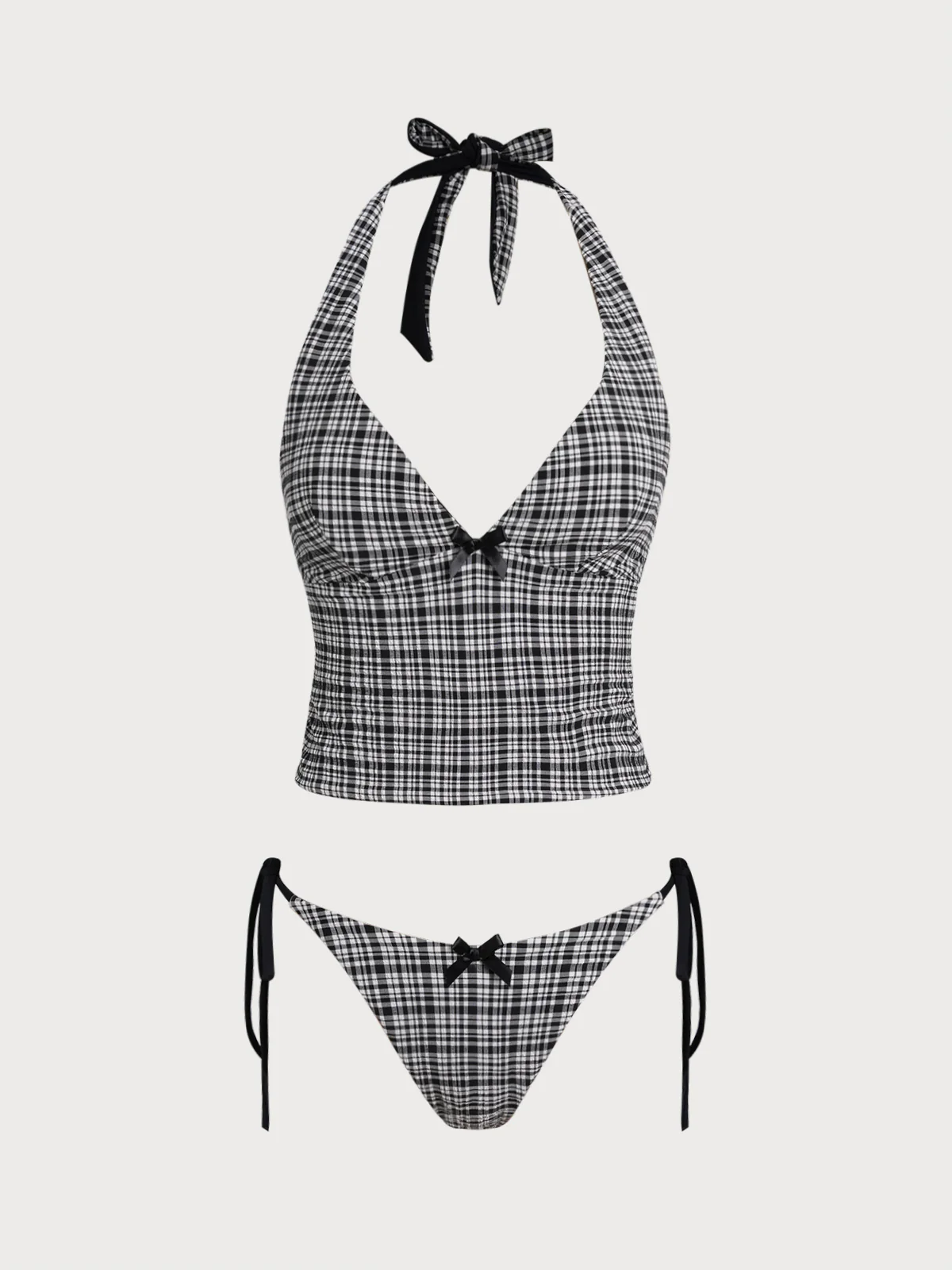 Black Knitted Plaid Tankini Set - Image 7