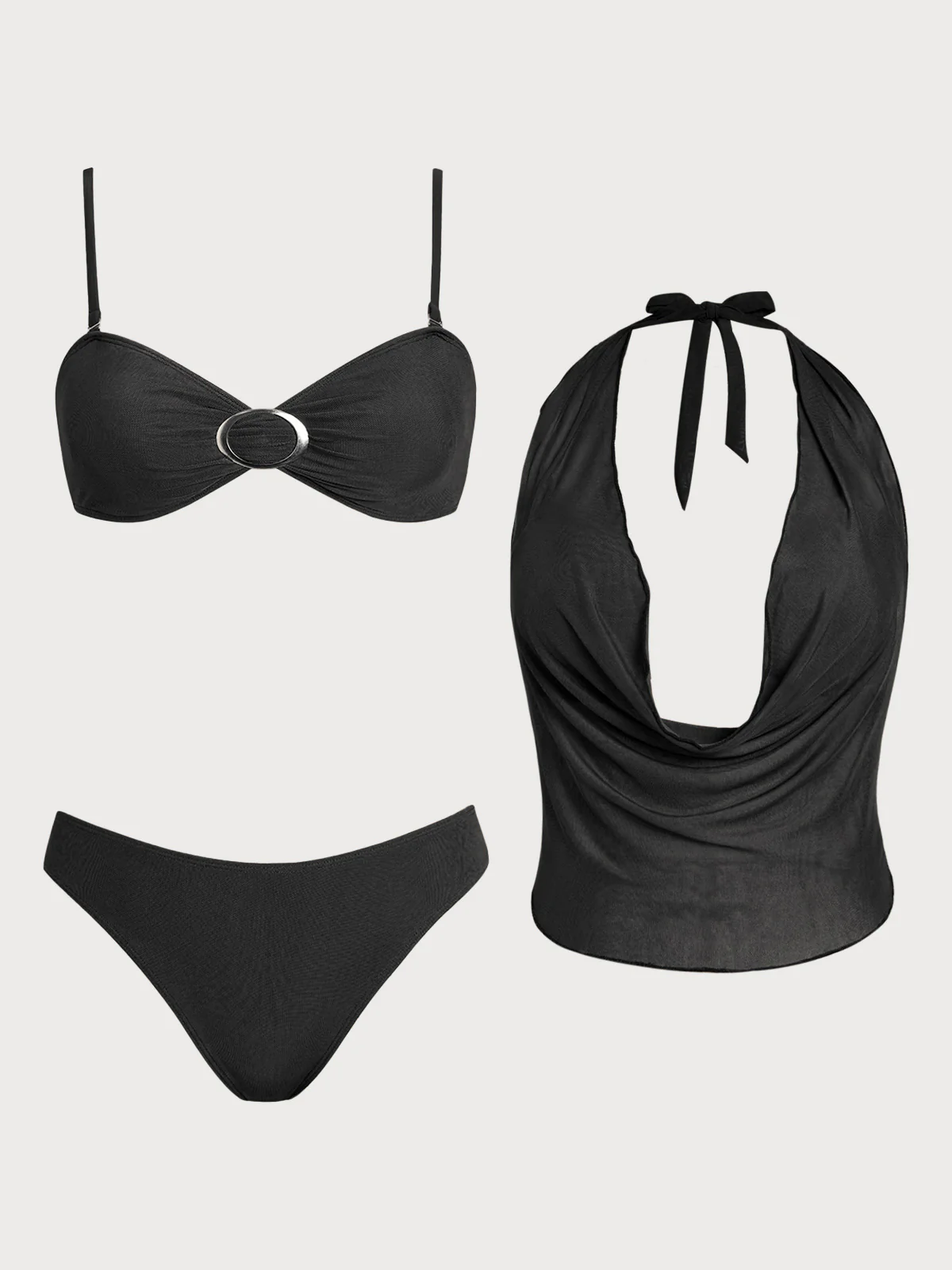 Black Mesh Cover-up Tankini Three-Piece Set - Image 7