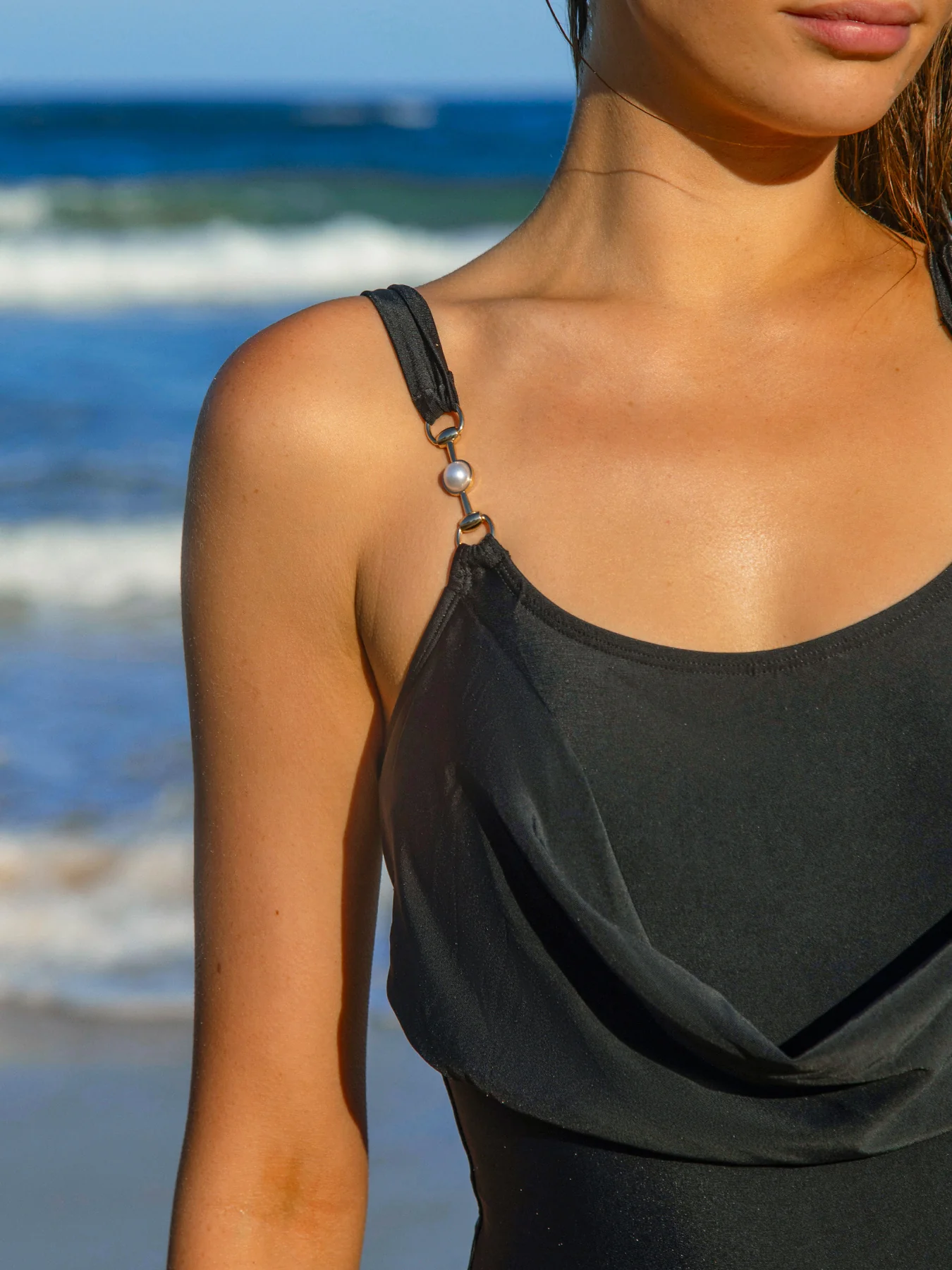 Black U Neck Rhinestones One-Piece Swimsuit - Image 4