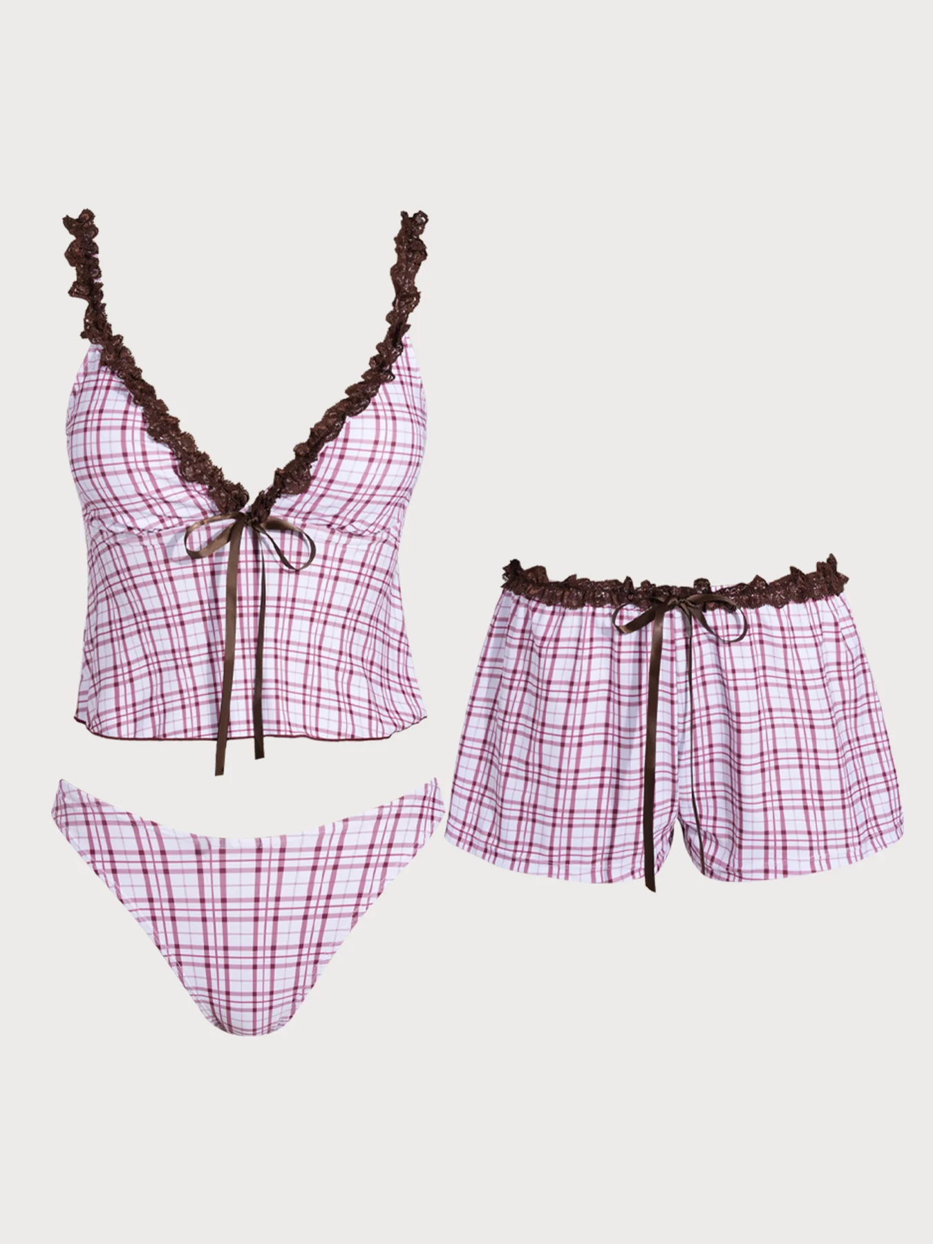 Blue Contrast Lace Plaid Print Tankini Three-Piece Set - Image 11