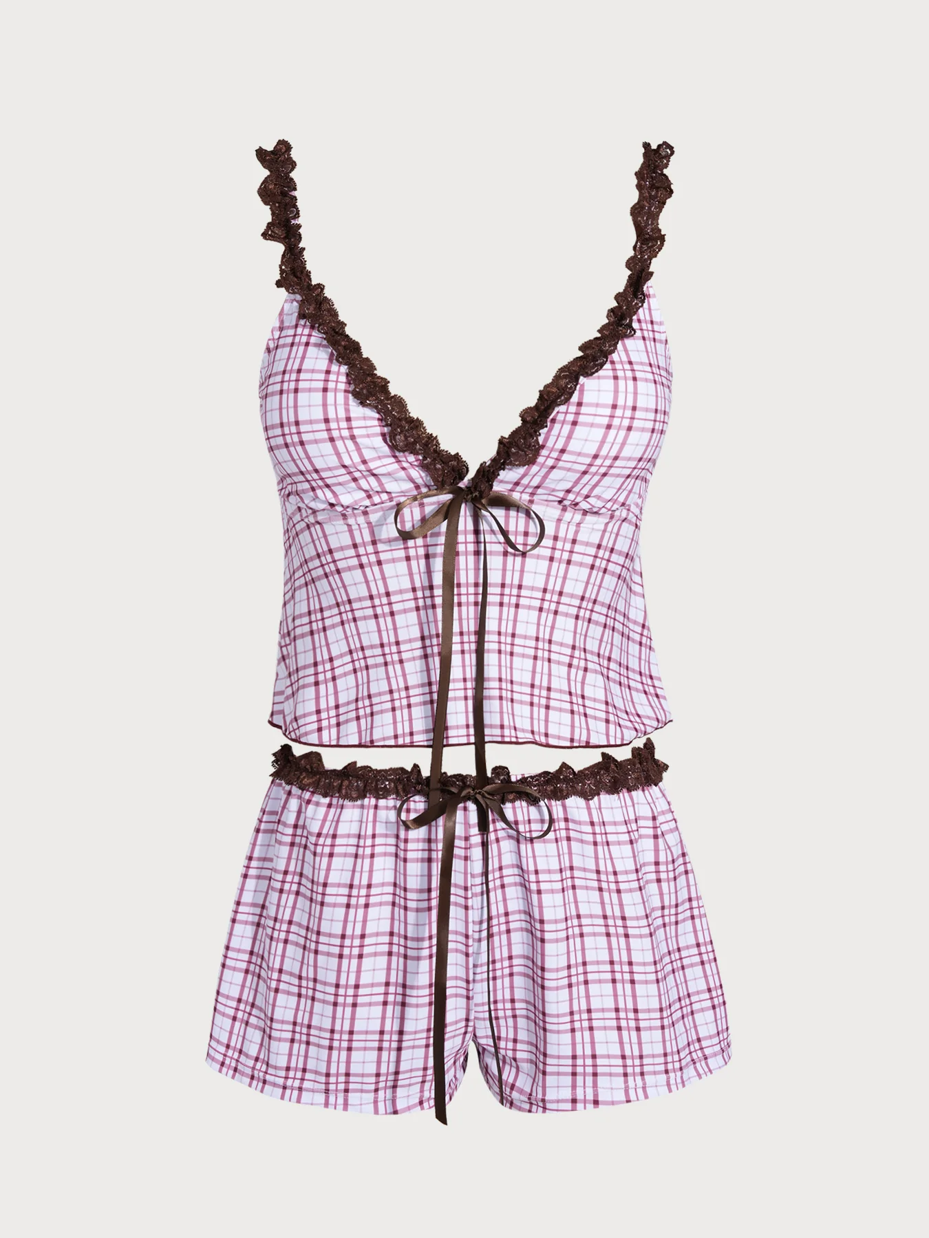 Blue Contrast Lace Plaid Print Tankini Three-Piece Set - Image 12