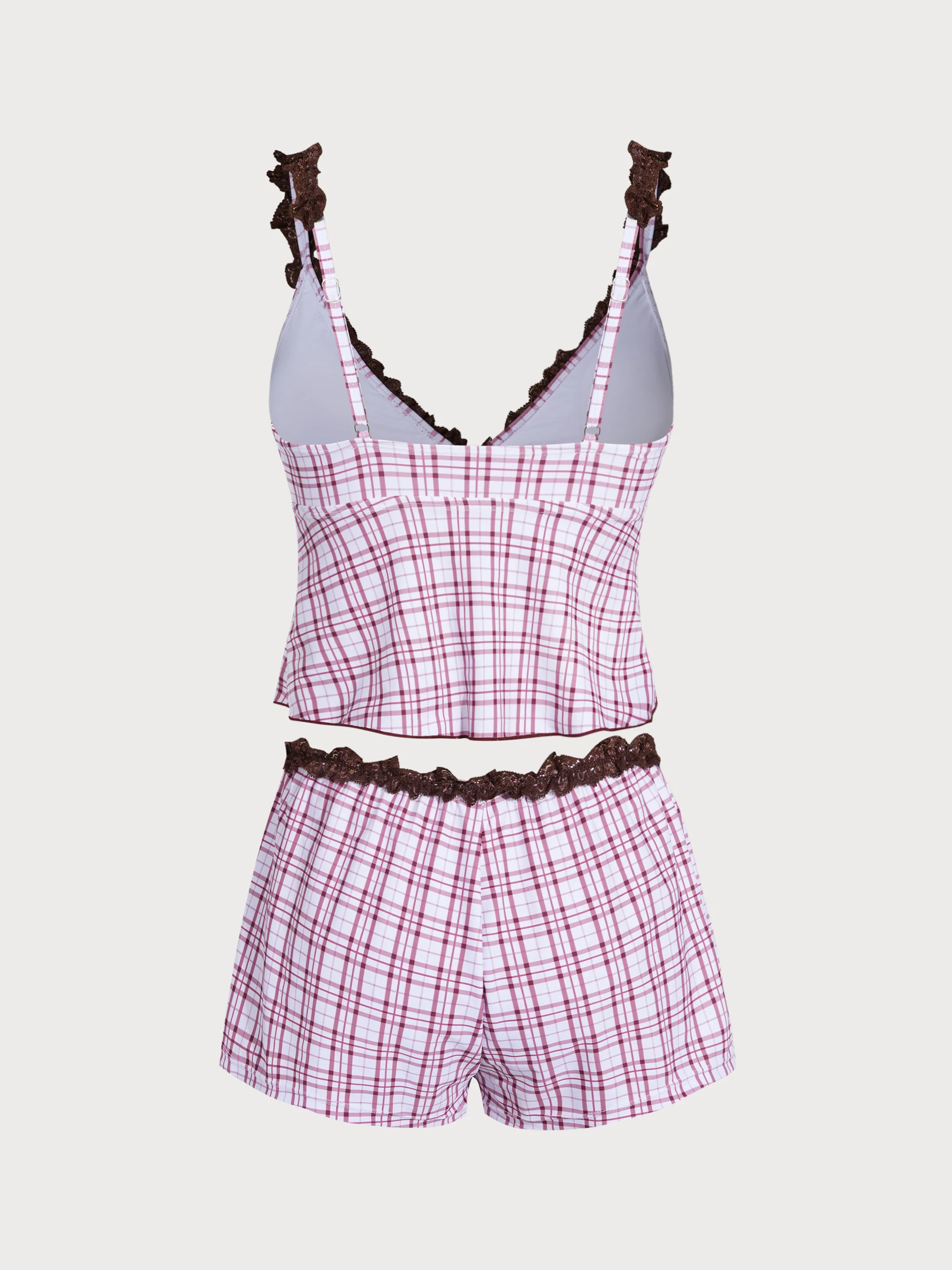 Blue Contrast Lace Plaid Print Tankini Three-Piece Set - Image 13