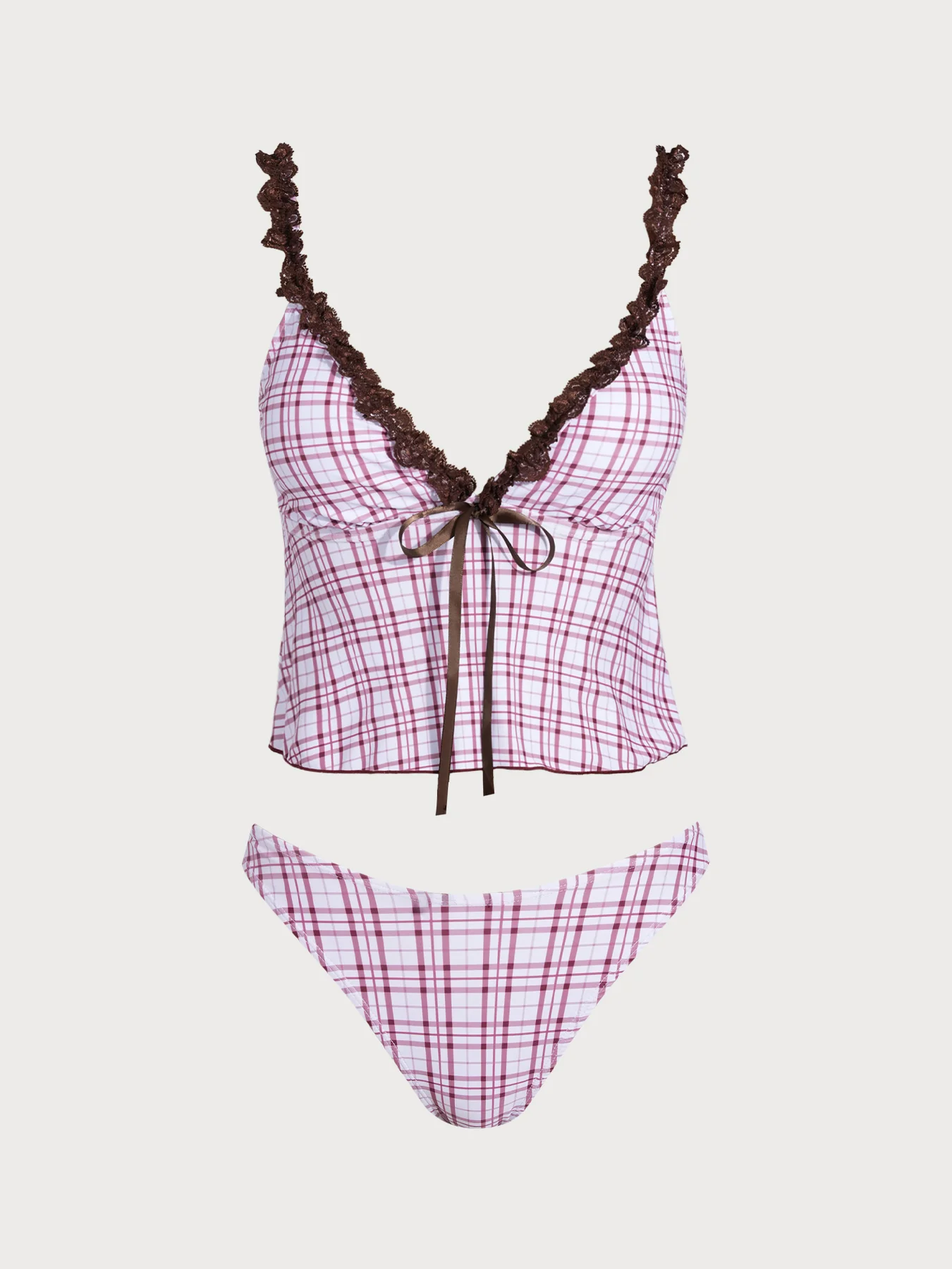 Blue Contrast Lace Plaid Print Tankini Three-Piece Set - Image 14