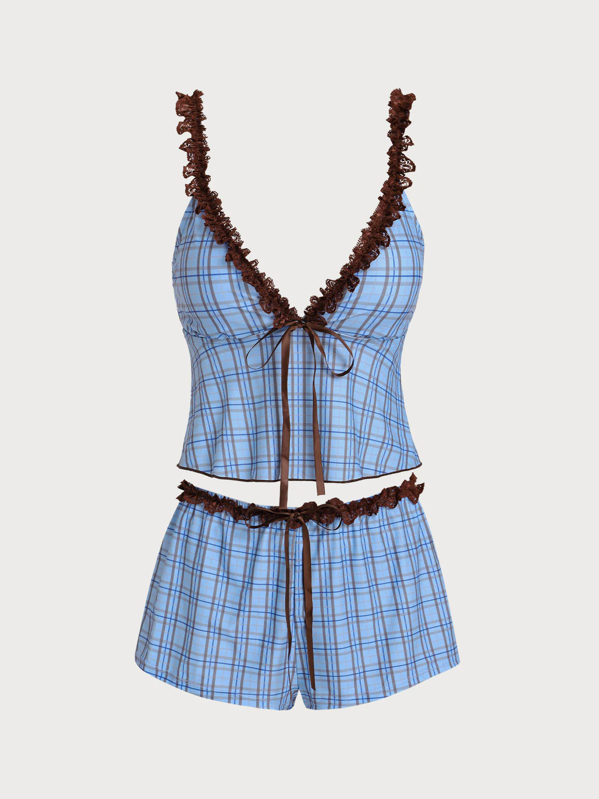 Blue Contrast Lace Plaid Print Tankini Three-Piece Set - Image 7