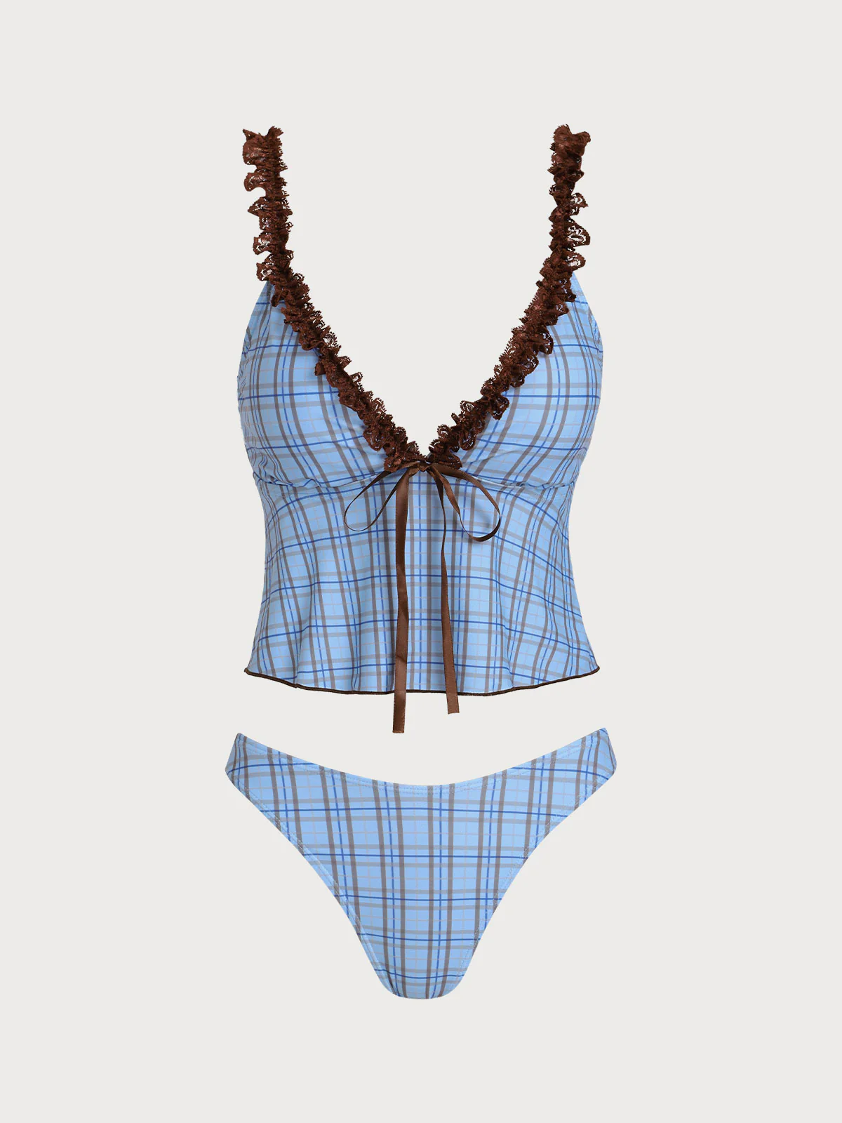 Blue Contrast Lace Plaid Print Tankini Three-Piece Set - Image 8