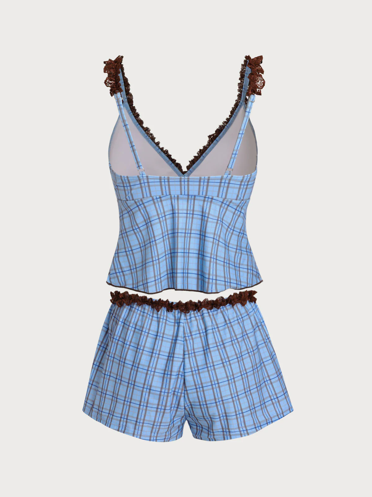 Blue Contrast Lace Plaid Print Tankini Three-Piece Set - Image 9