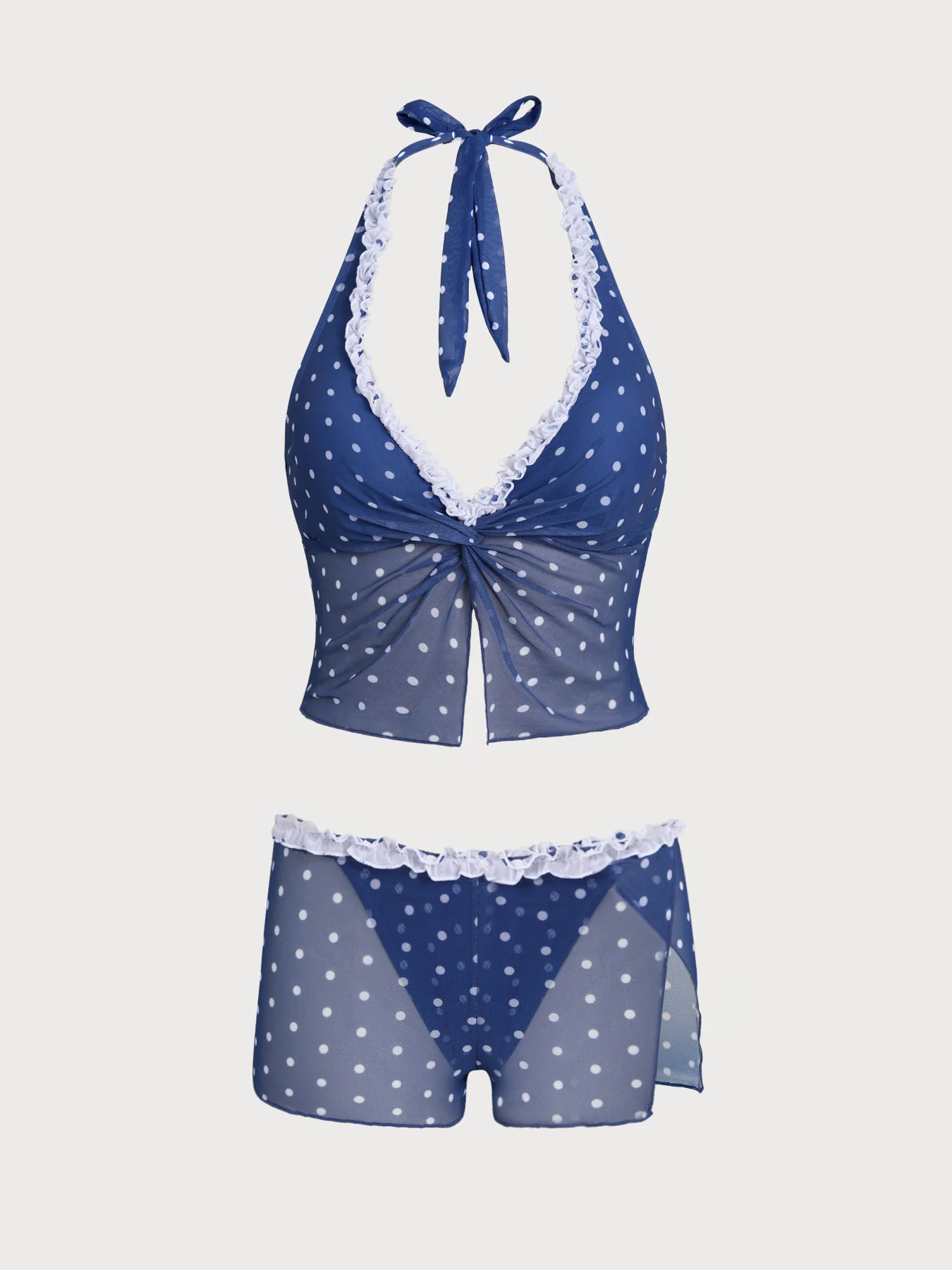 Blue Contrast Polka Dot Print Tankini Three-Piece Set - Image 6