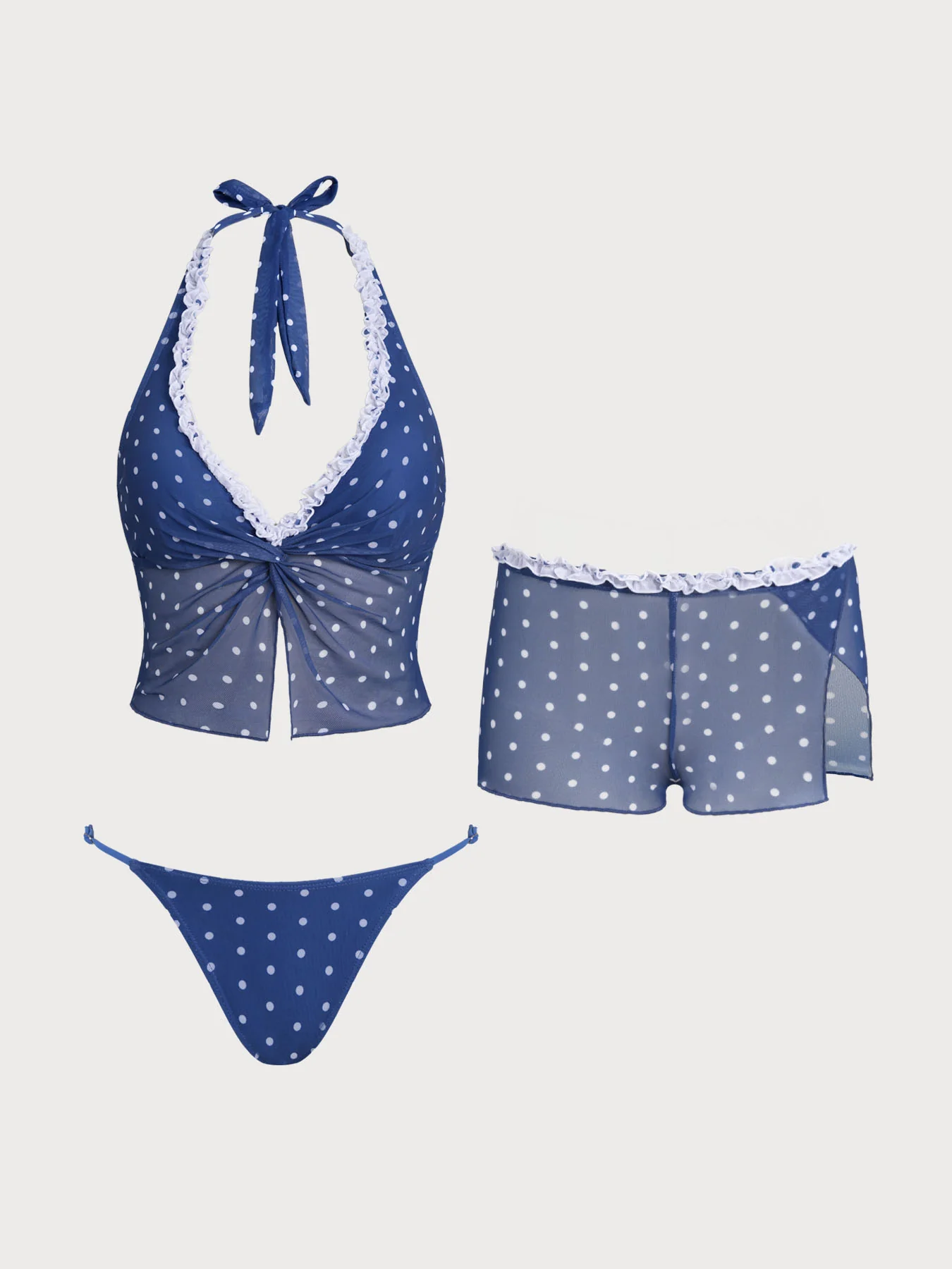Blue Contrast Polka Dot Print Tankini Three-Piece Set - Image 8