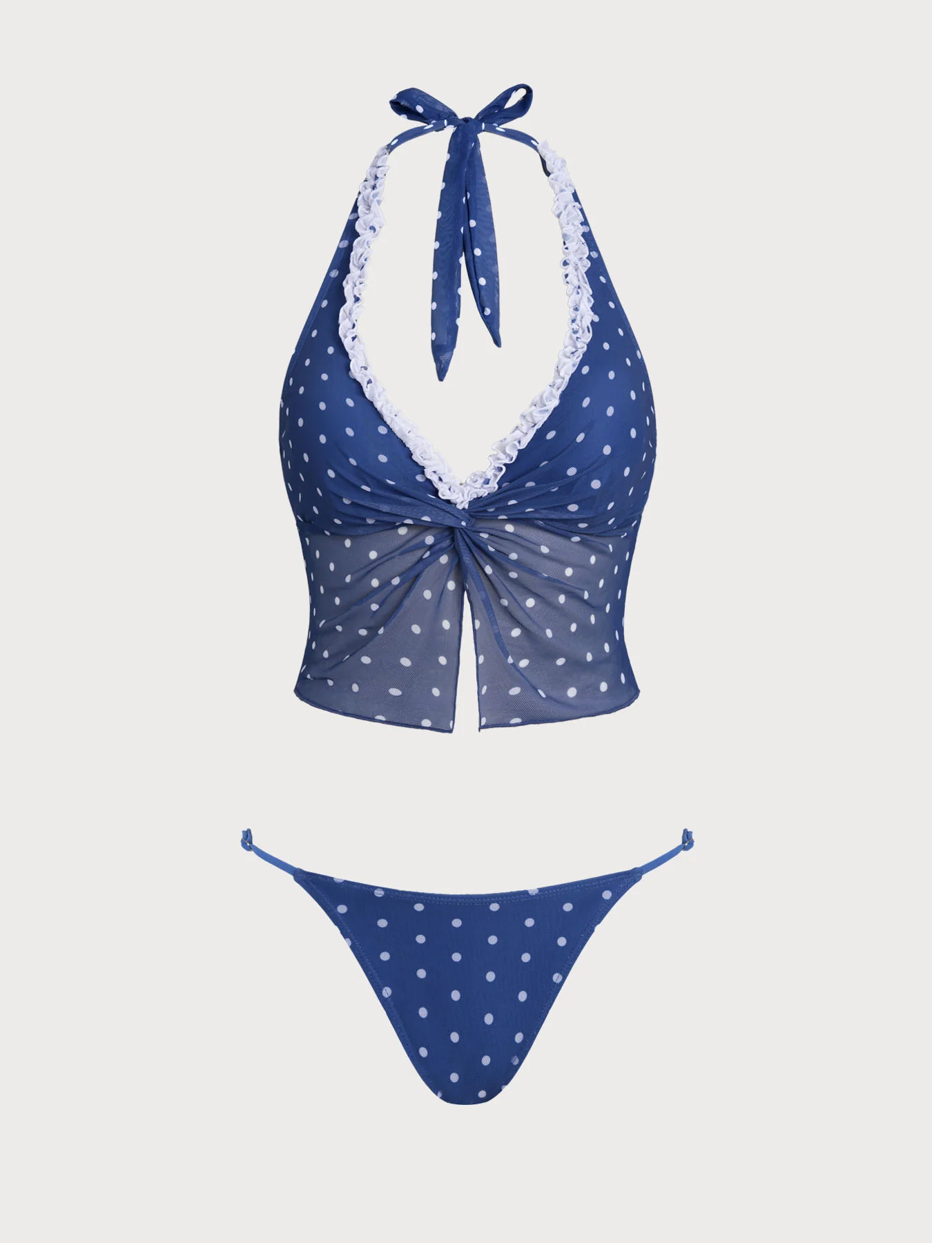 Blue Contrast Polka Dot Print Tankini Three-Piece Set - Image 9