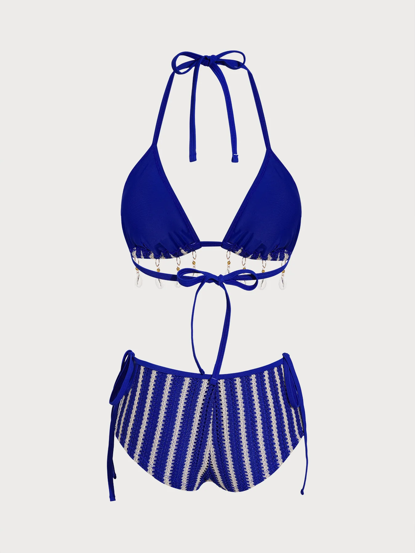 Blue Contrast Striped Beaded Shorts Bikini Set - Image 3