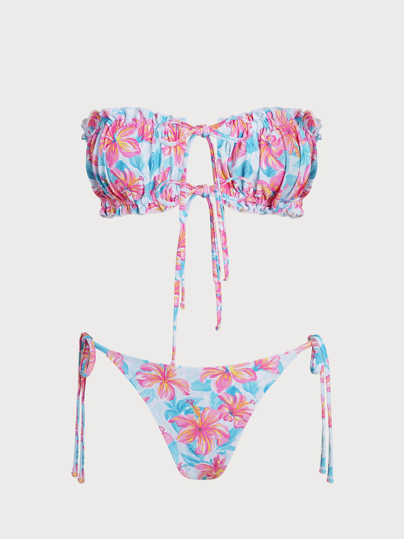 Blue Flower Contrast Strapless Bikini Set - Image 7