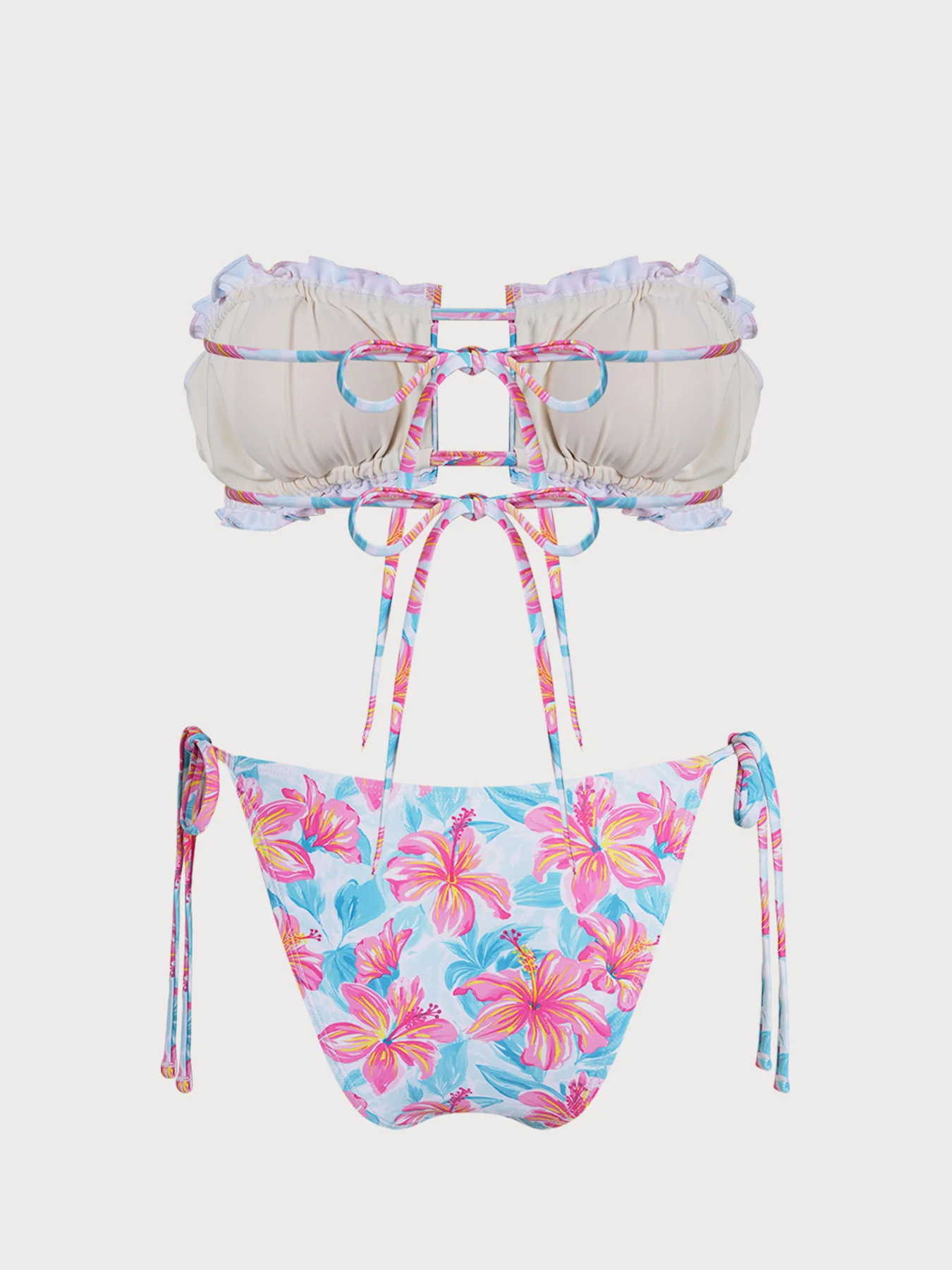 Blue Flower Contrast Strapless Bikini Set - Image 8