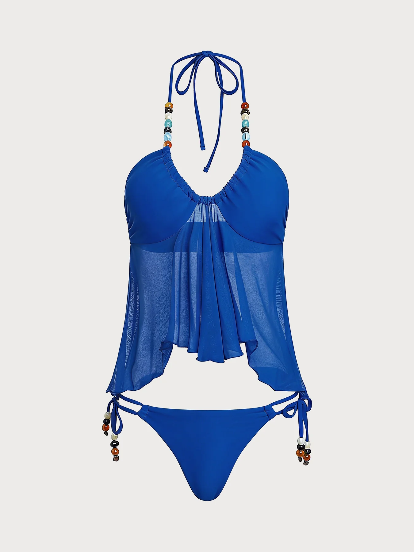 Blue Irregular Hem Contrast Beaded Tankini Set - Image 6