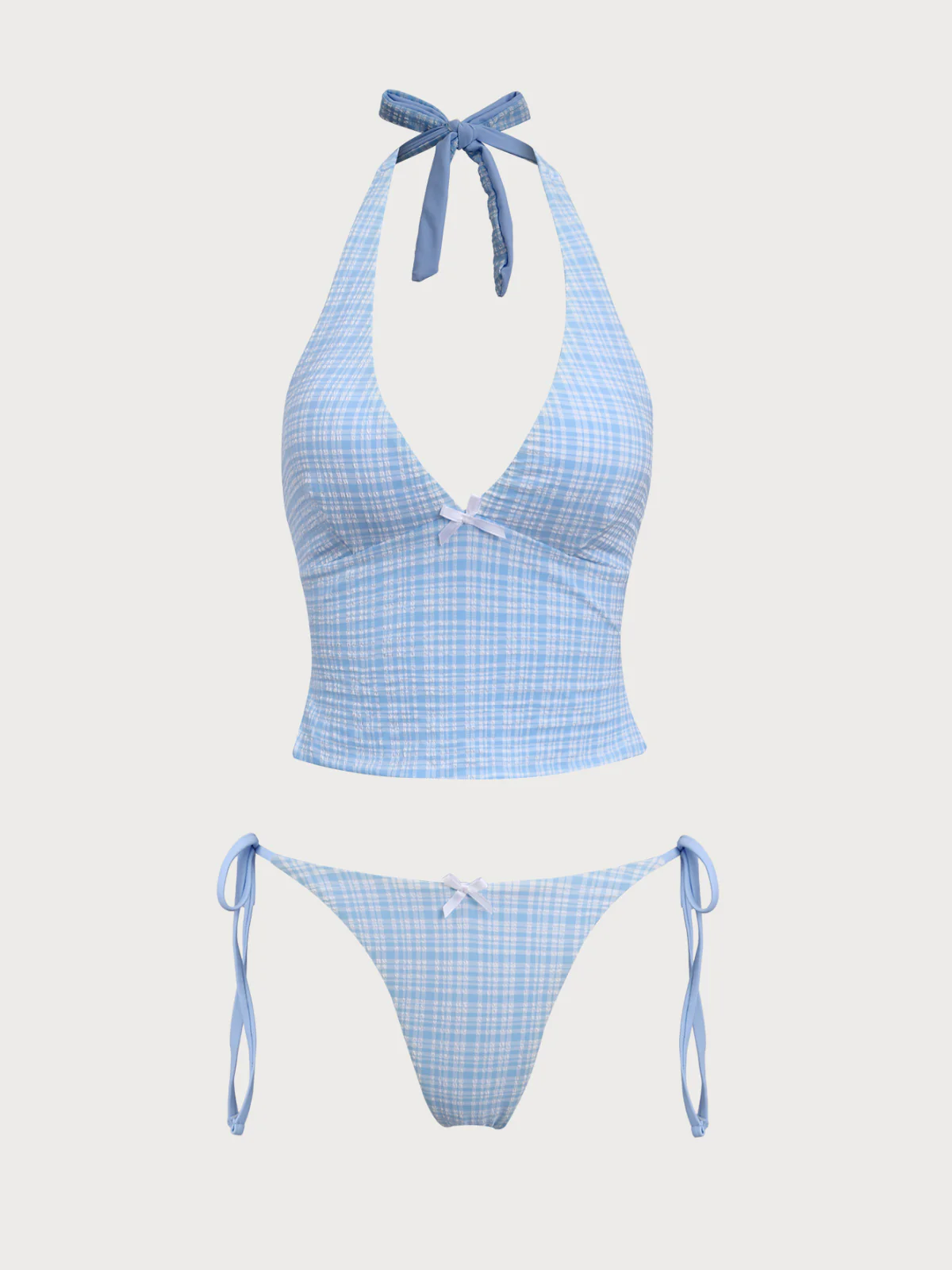 Blue Knitted Plaid Tankini Set - Image 7
