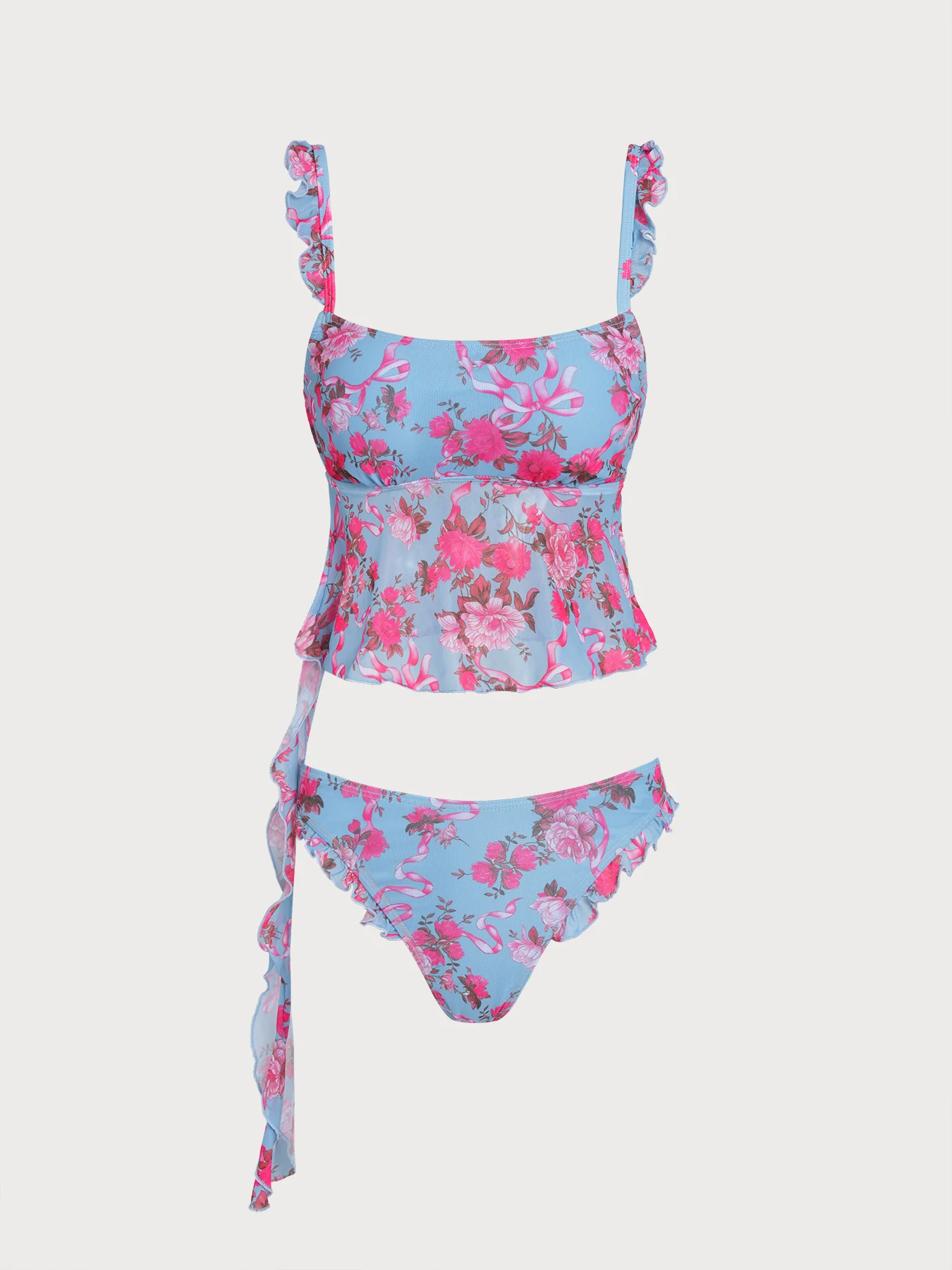 Blue Ruffle Floral Printed Tankini Set - Image 5