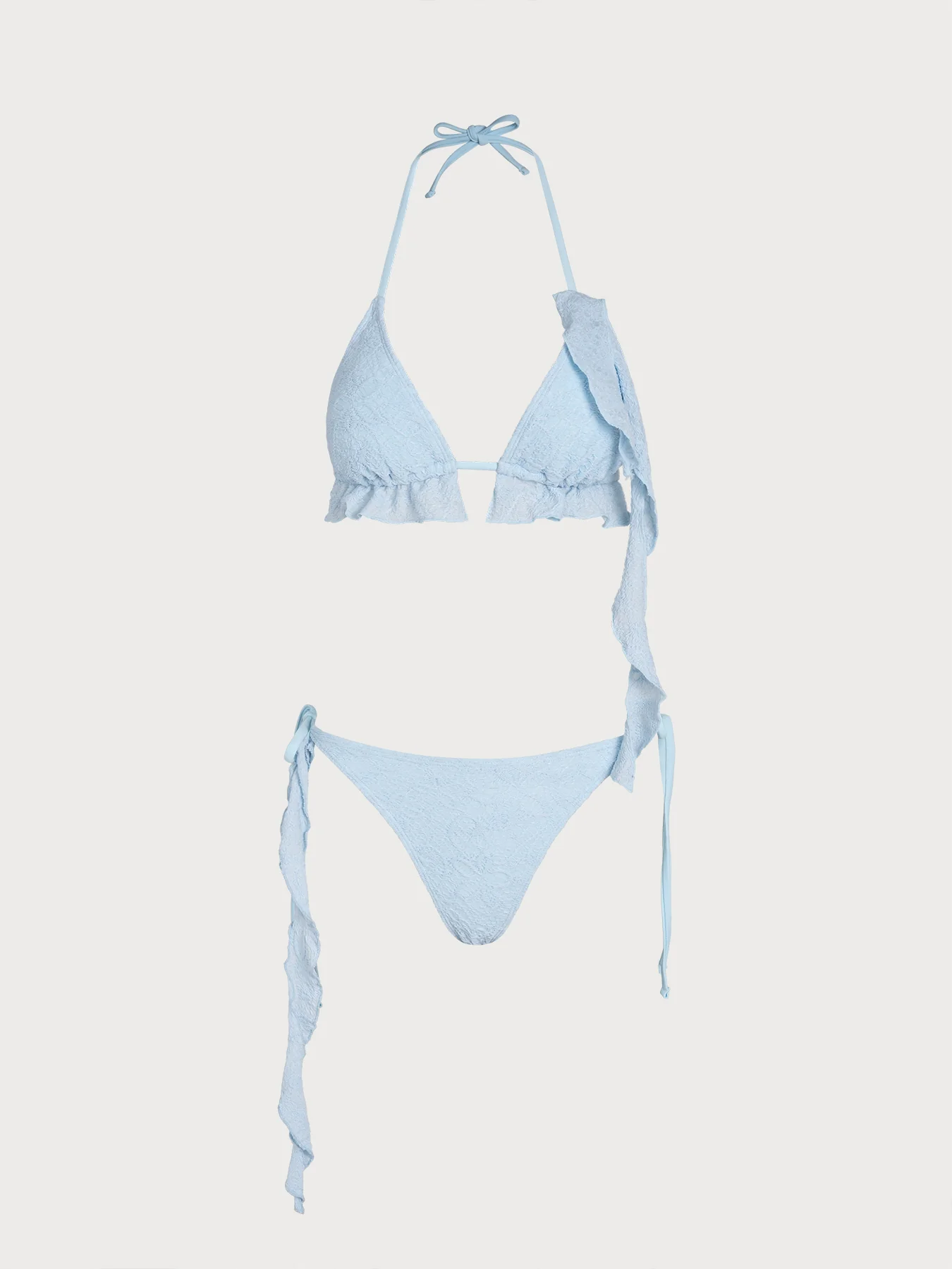 Blue Textured Ruffle Halter Bikini Set - Image 6