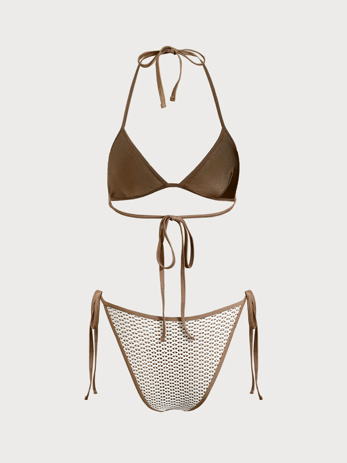 Brown Contrast Color Mesh Bikini Set - Image 9