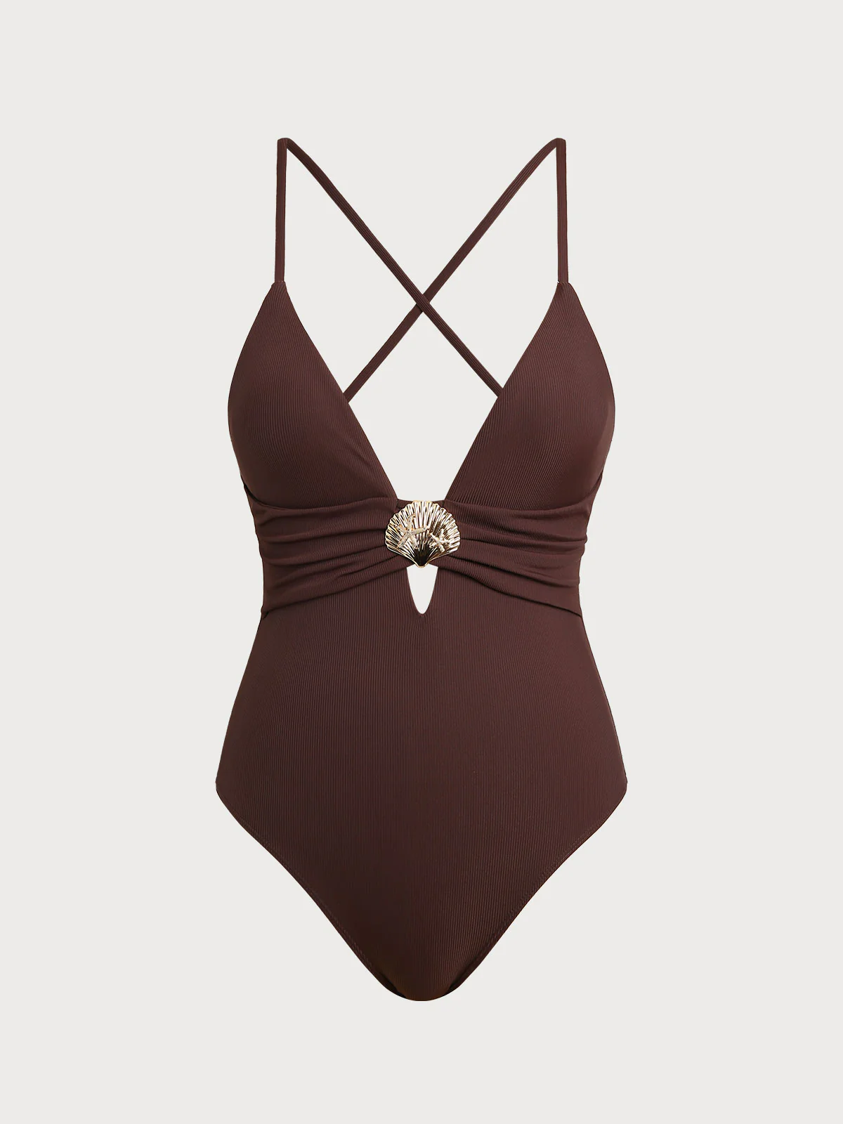 Brown Crossover V-Neck One-Piece Swimsuit - Image 5
