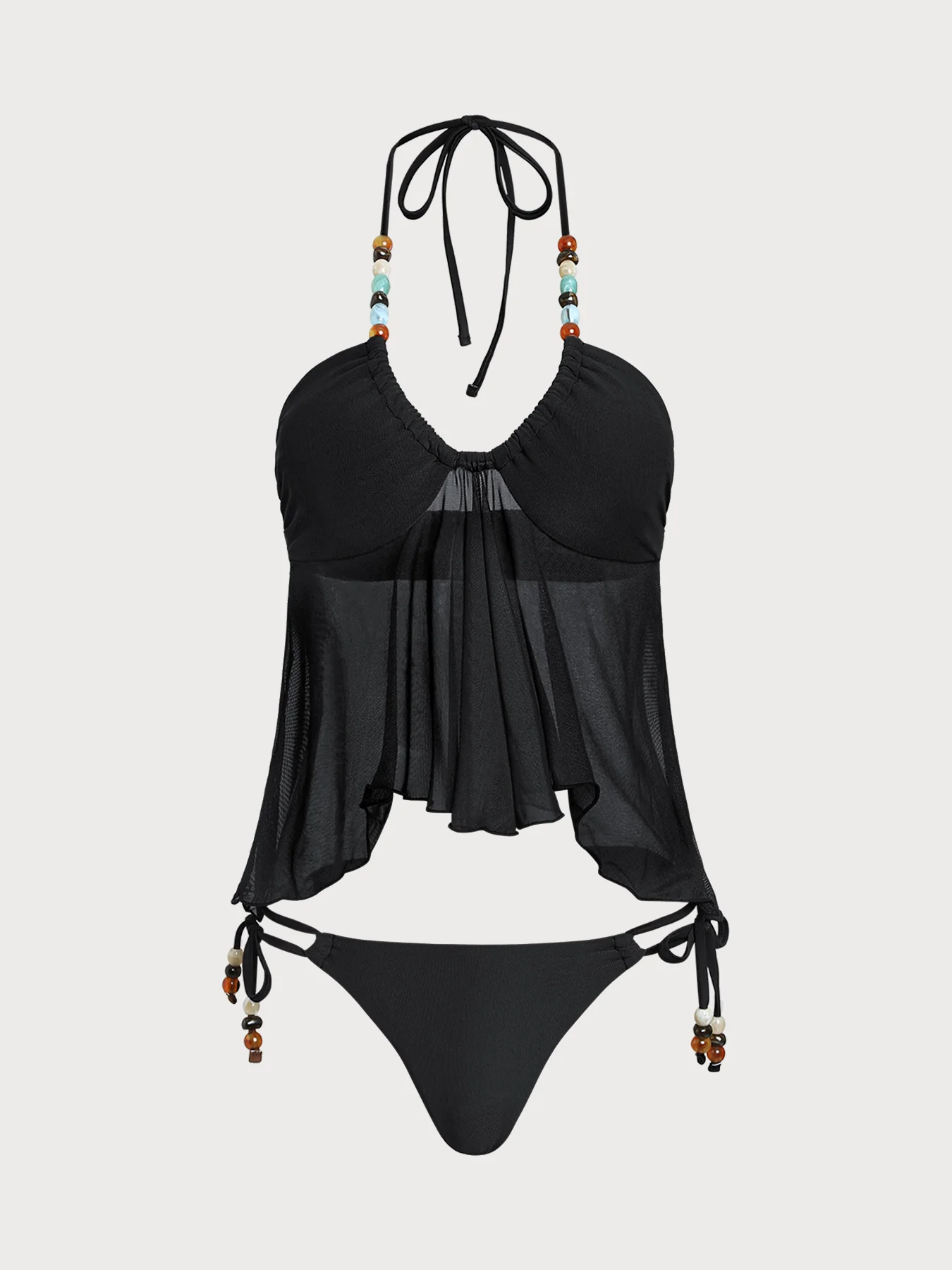 Brown Irregular Hem Contrast Beaded Tankini Set - Image 26