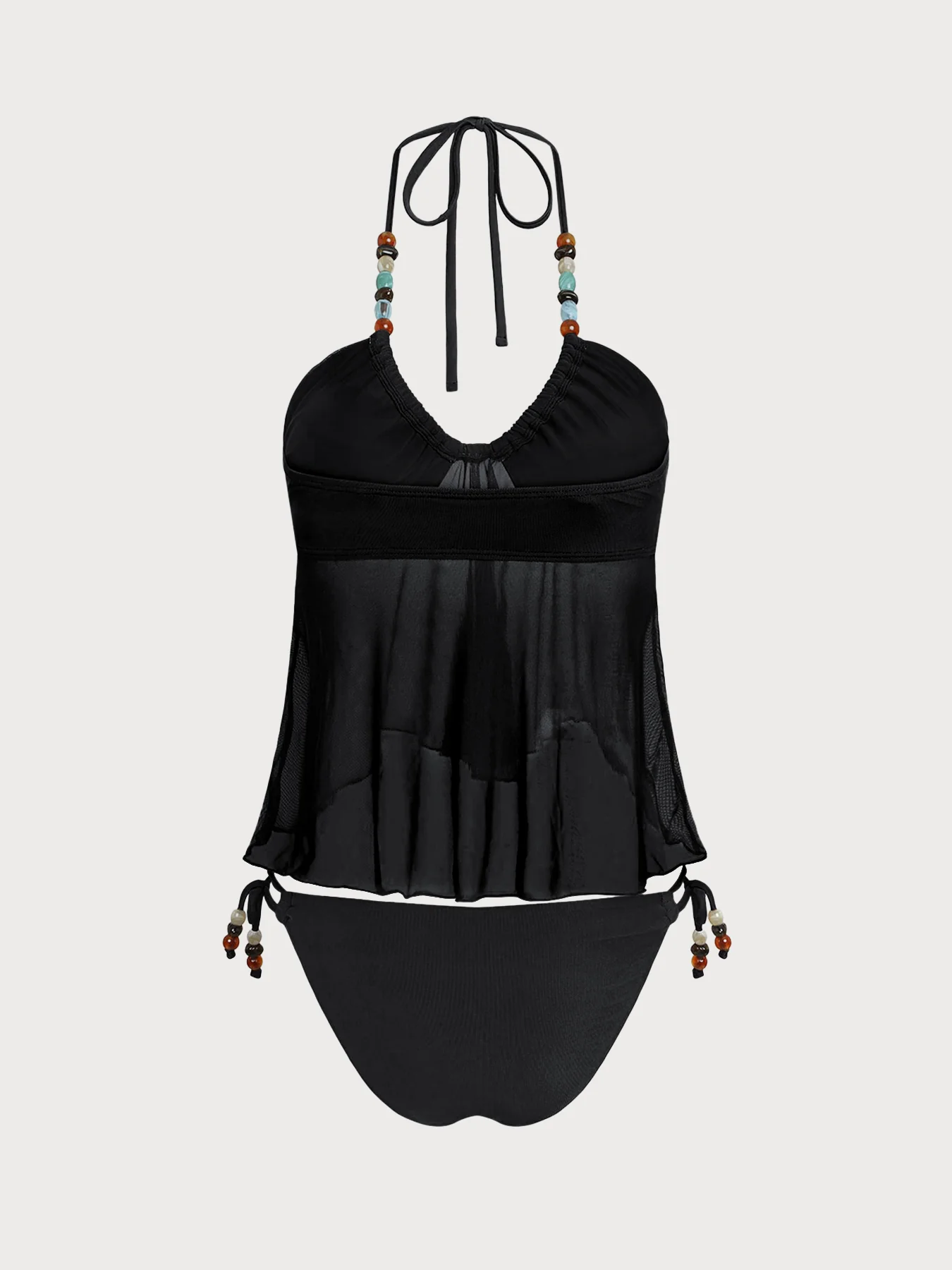 Brown Irregular Hem Contrast Beaded Tankini Set - Image 27