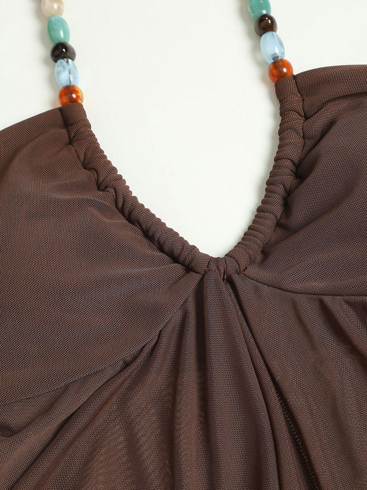 Brown Irregular Hem Contrast Beaded Tankini Set - Image 5