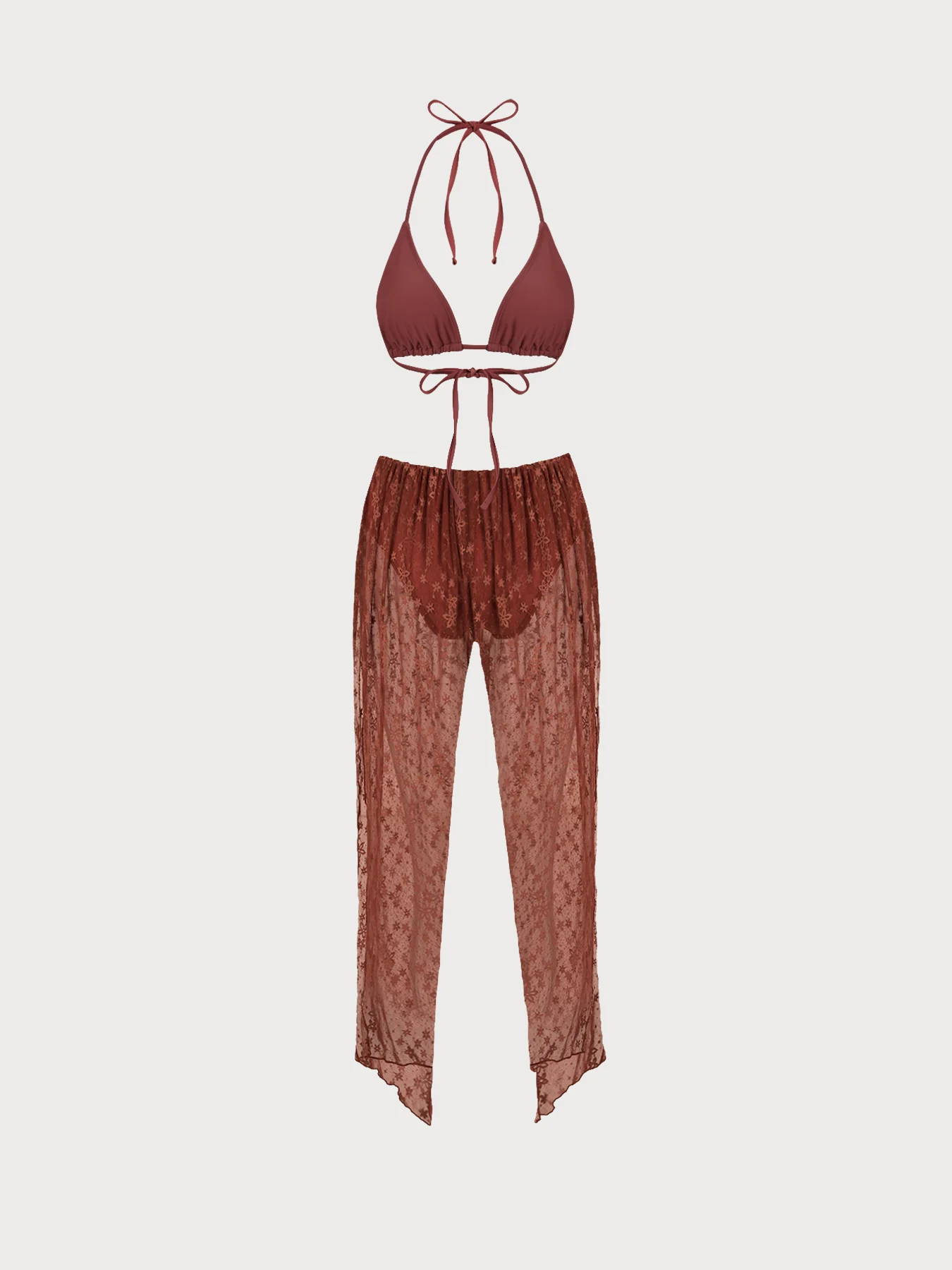 Brown Lace Floral Cutout Bikini Set - Image 11