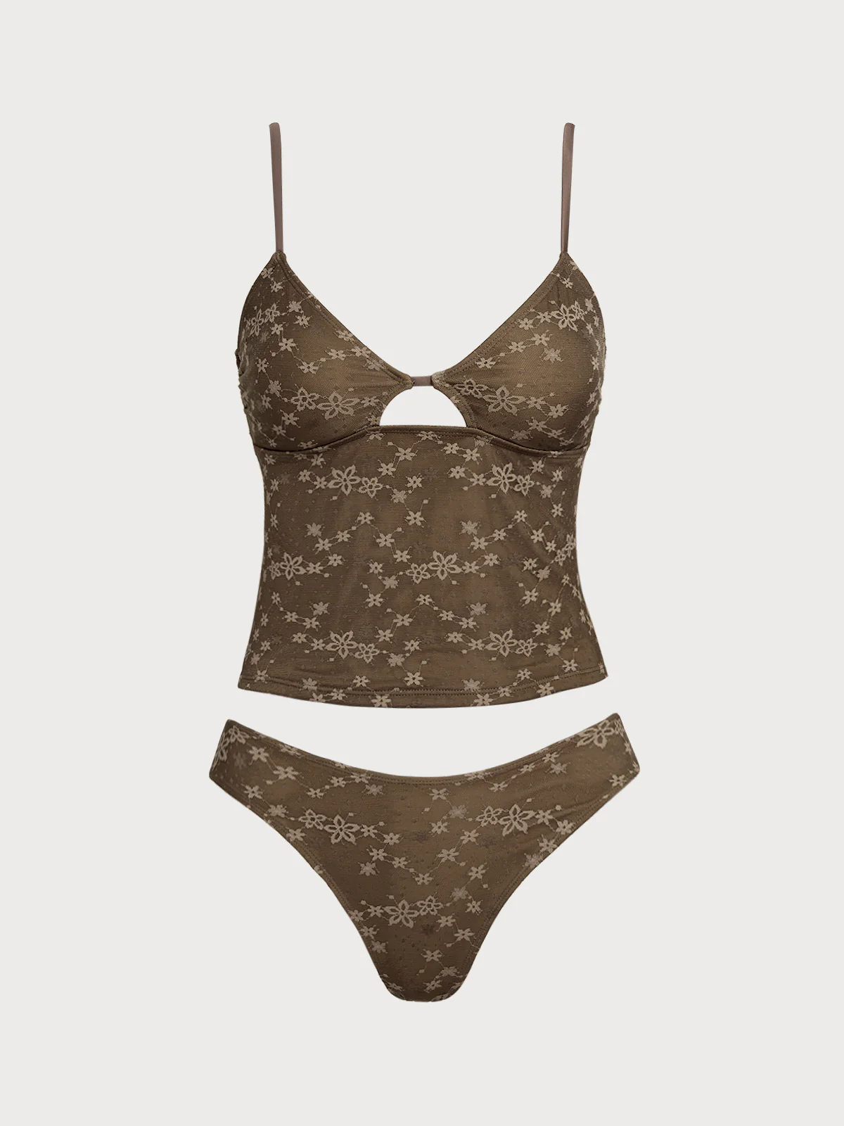Brown Lace Flower Hollow Tankini Set - Image 13