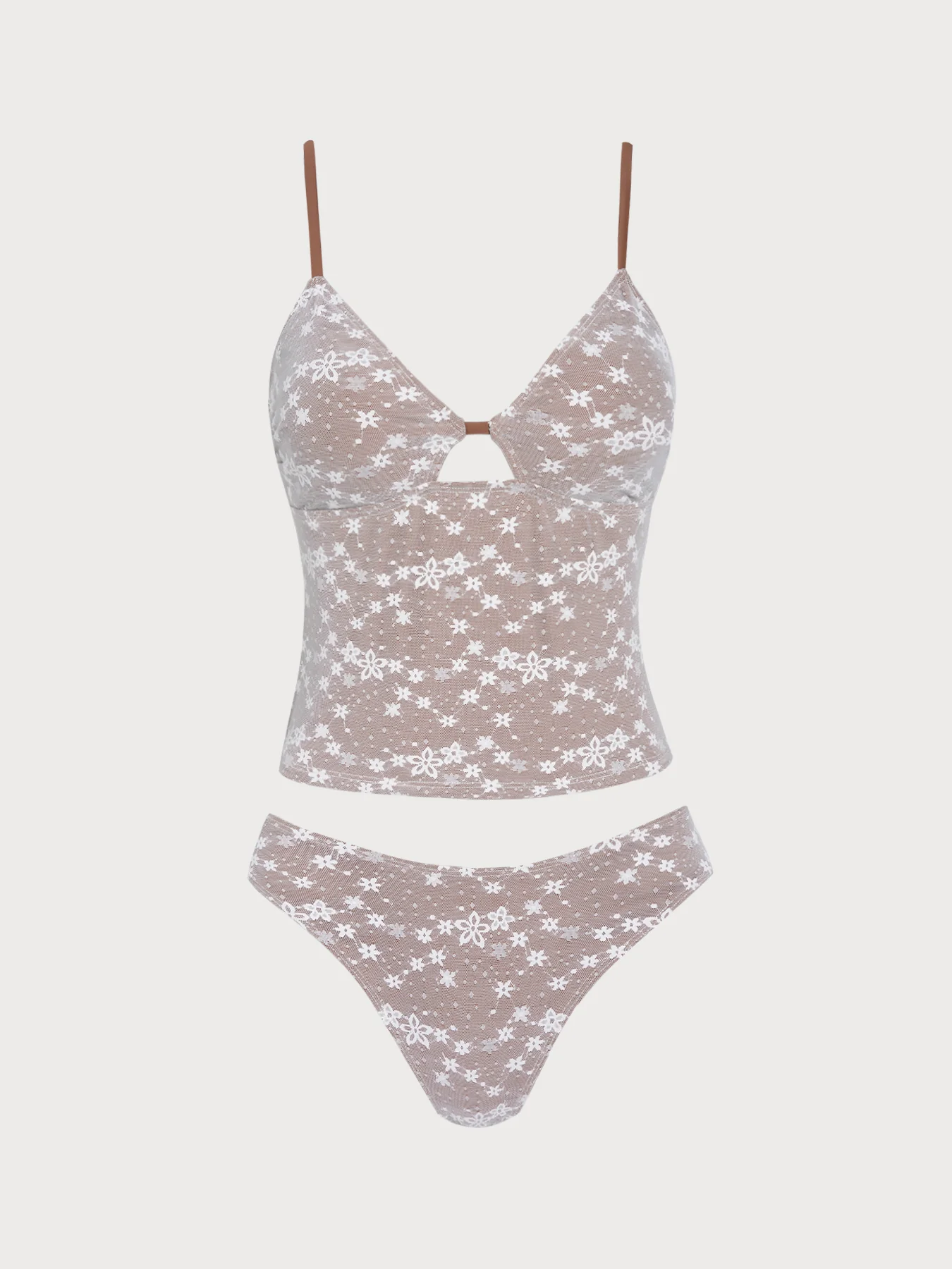Brown Lace Flower Hollow Tankini Set - Image 17