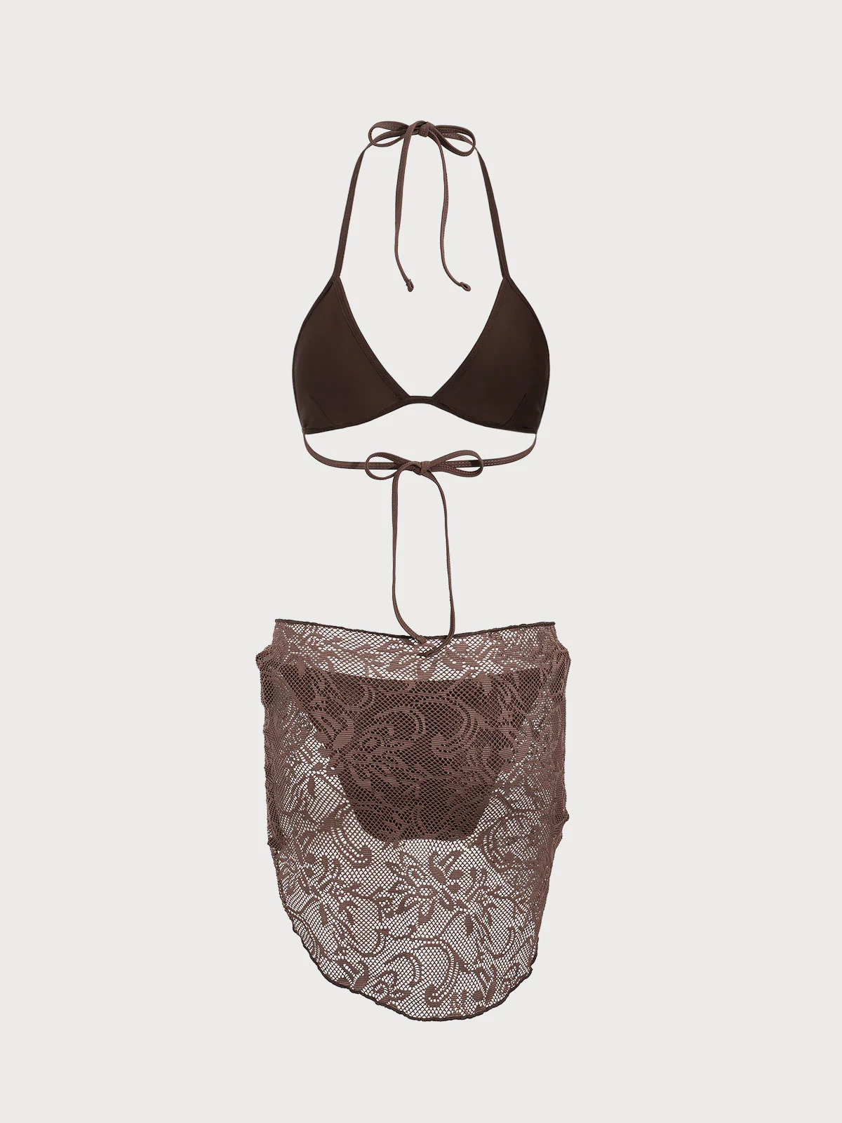 Brown Mesh Bikini Three Piece Suit - Image 8