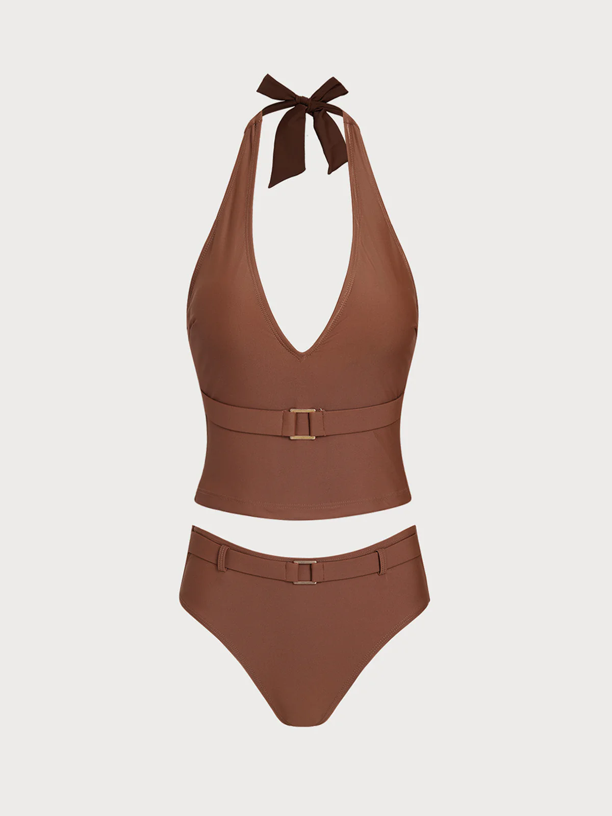 Brown Metal Decorated V-Neck Tankini Set - Image 2