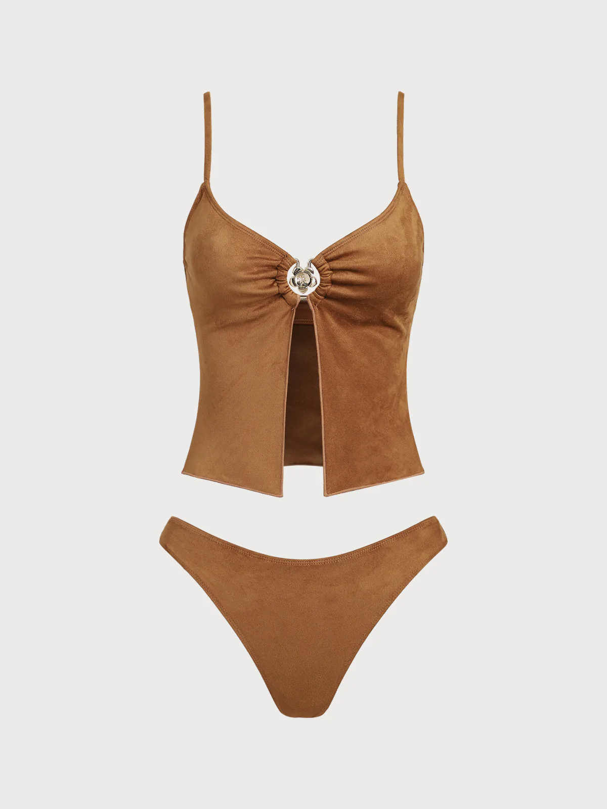 Brown Woven Suede Denim Tankini Set - Image 6