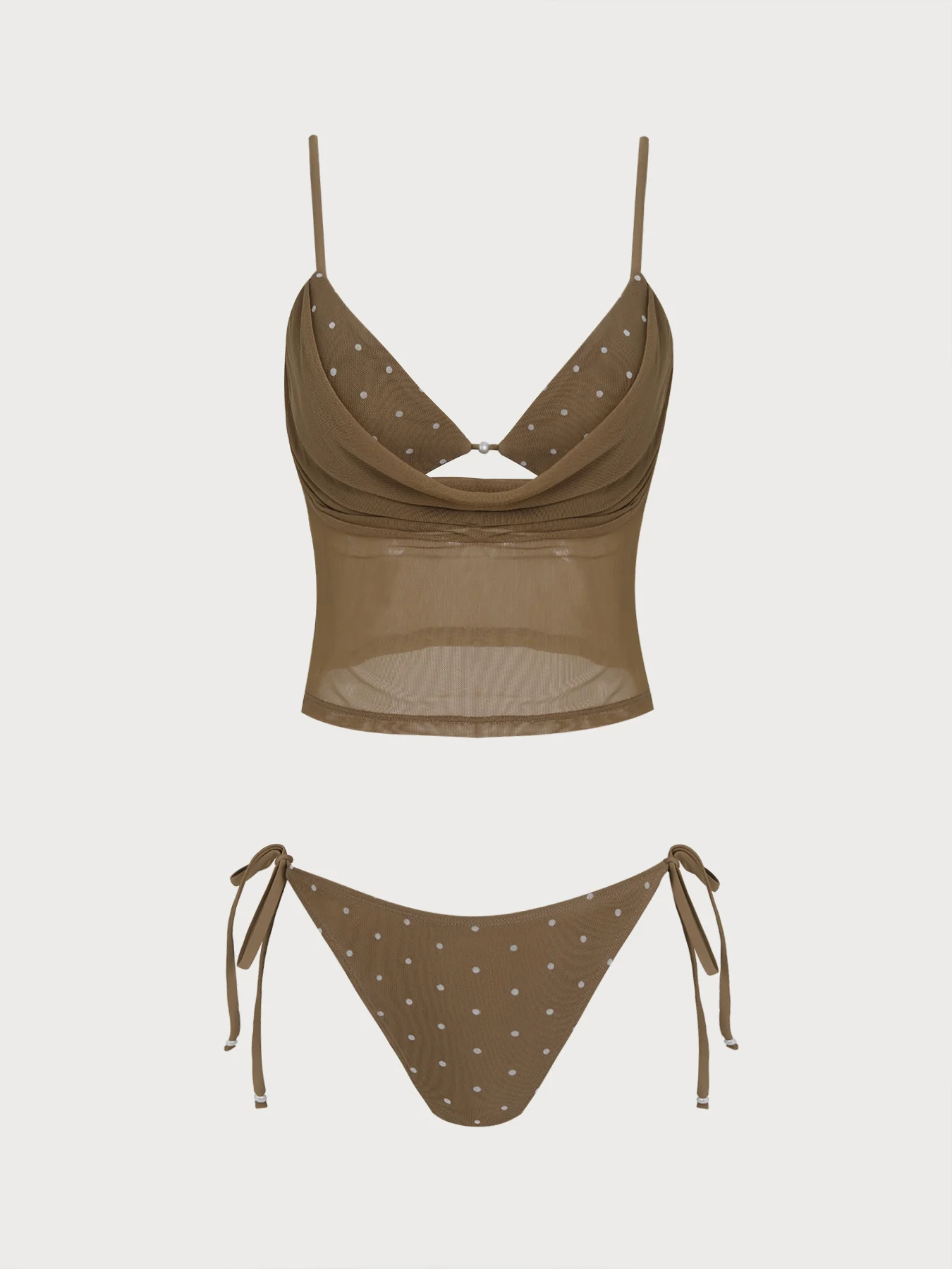 Coffee Polka Dot Fake Two-Piece Tankini Set - Image 6