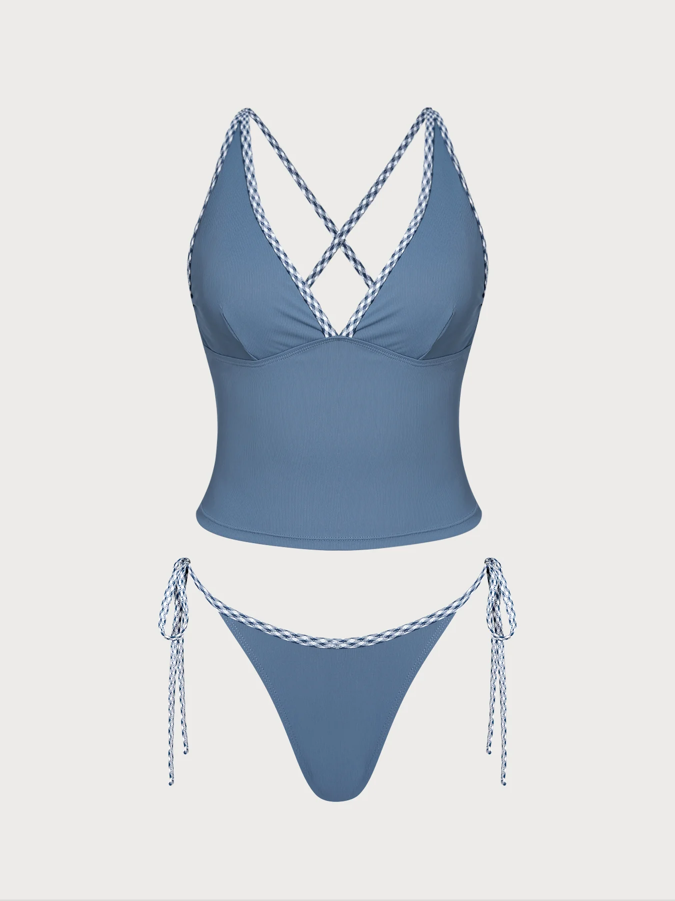 Dusty Blue Contrast Gingham Trim Tankini Set - Image 6