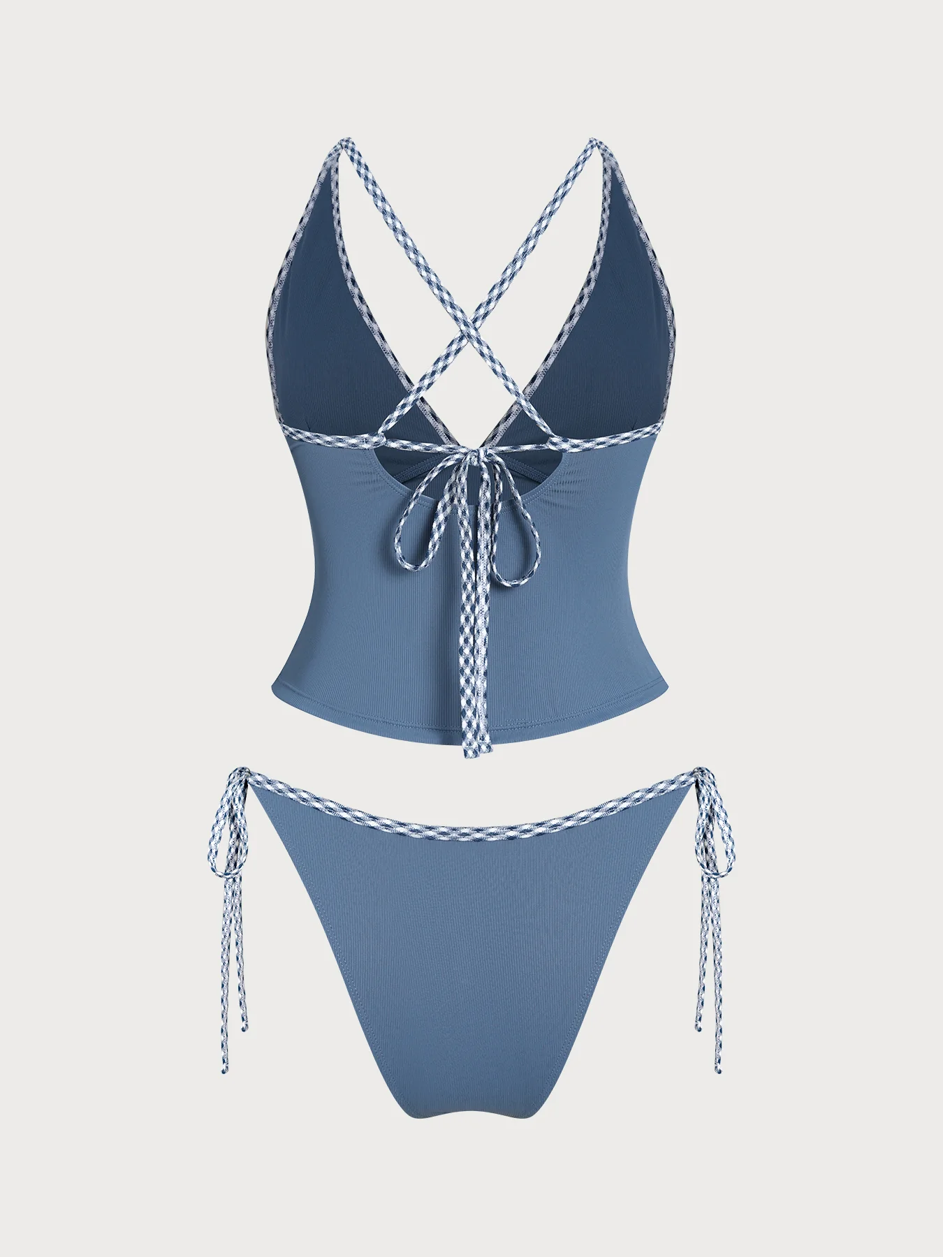 Dusty Blue Contrast Gingham Trim Tankini Set - Image 7