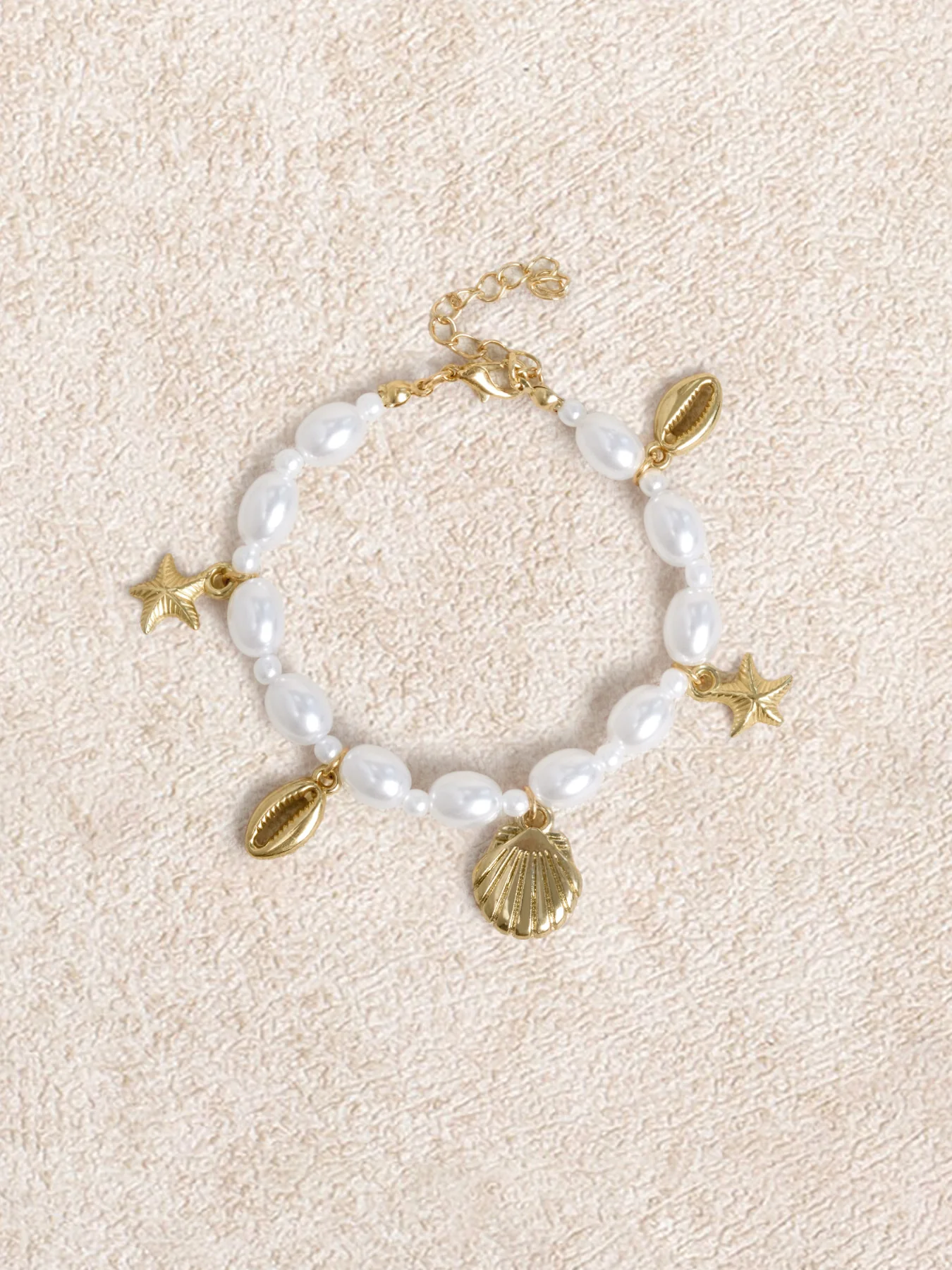 Gold Pearl Shell Conch Starfish Pendant Bracelet