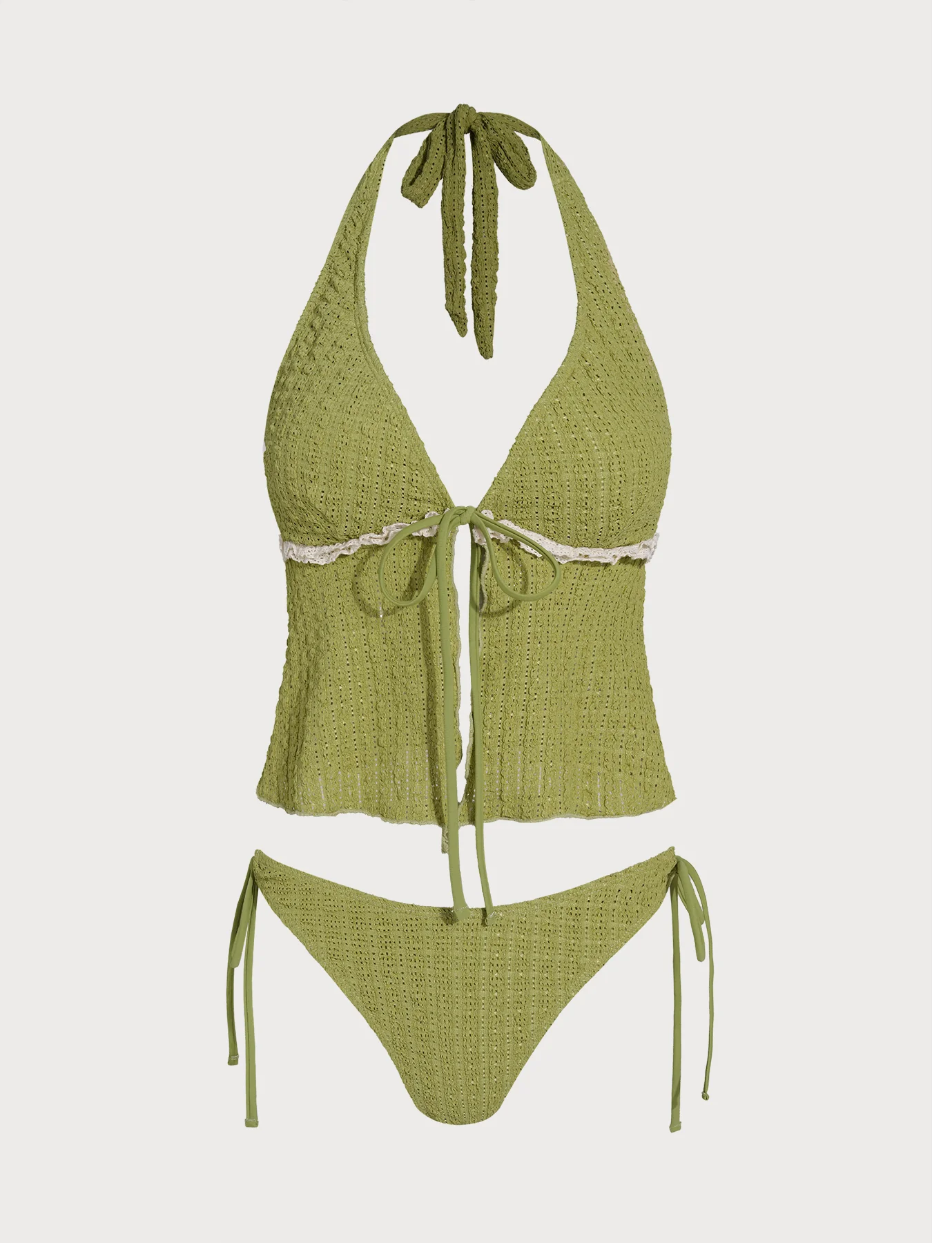Green Contrast Lace Trim Tie-Front Tankini Set - Image 8