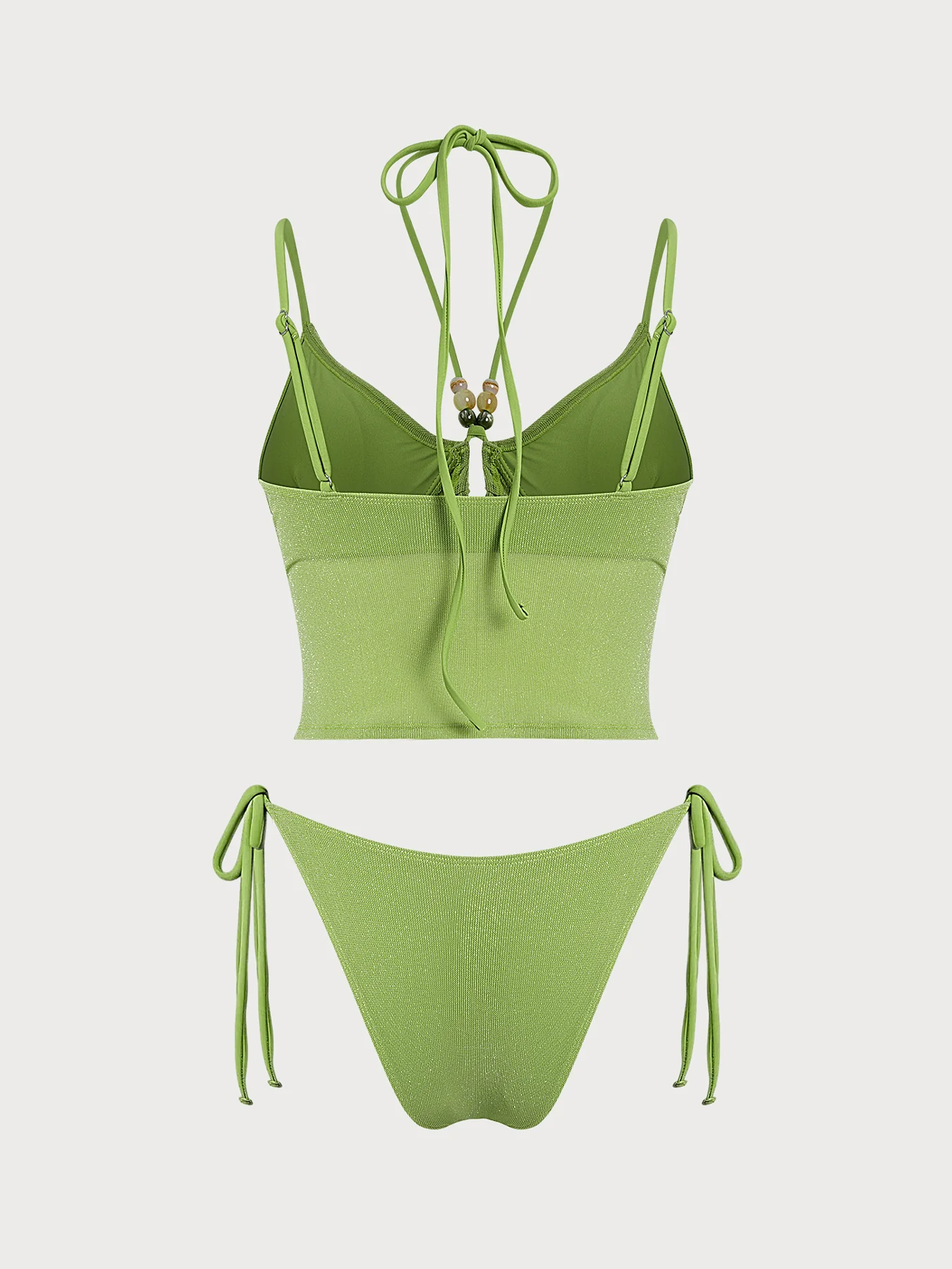 Green O-Ring Beaded Silver Thread Tankini Set - Image 7