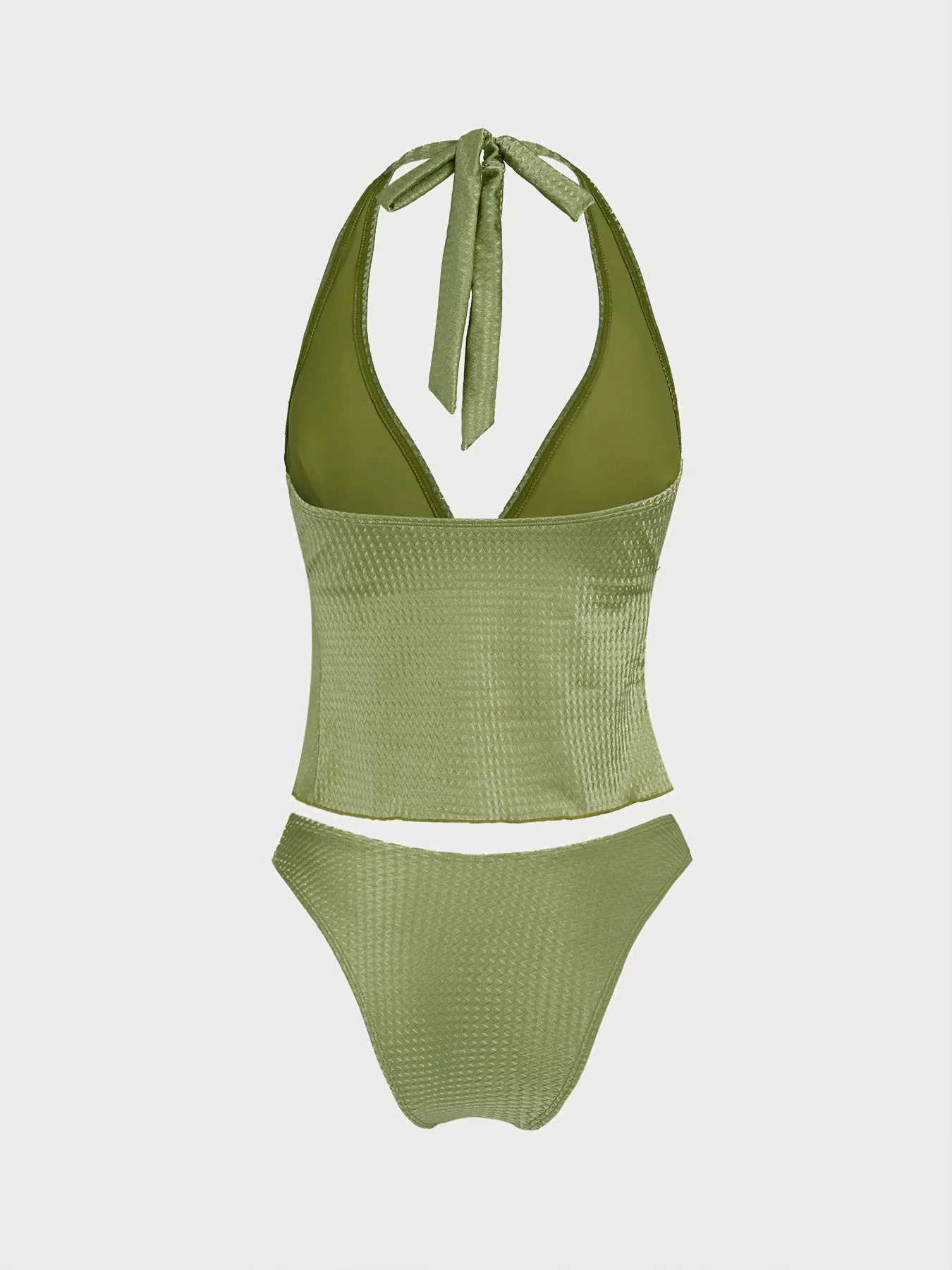 Green Rhinestones Textured Halter Tankini Set - Image 2