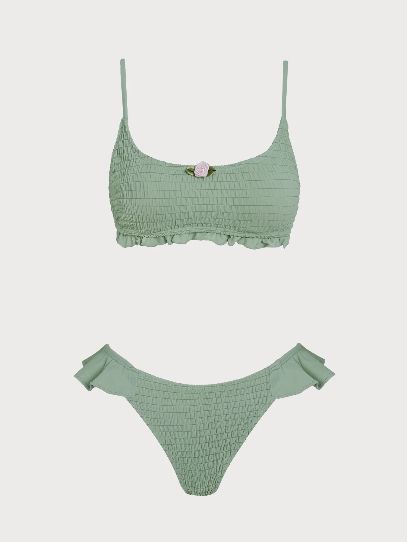Green Shirred Ruffle Flower Bikini Set - Image 5