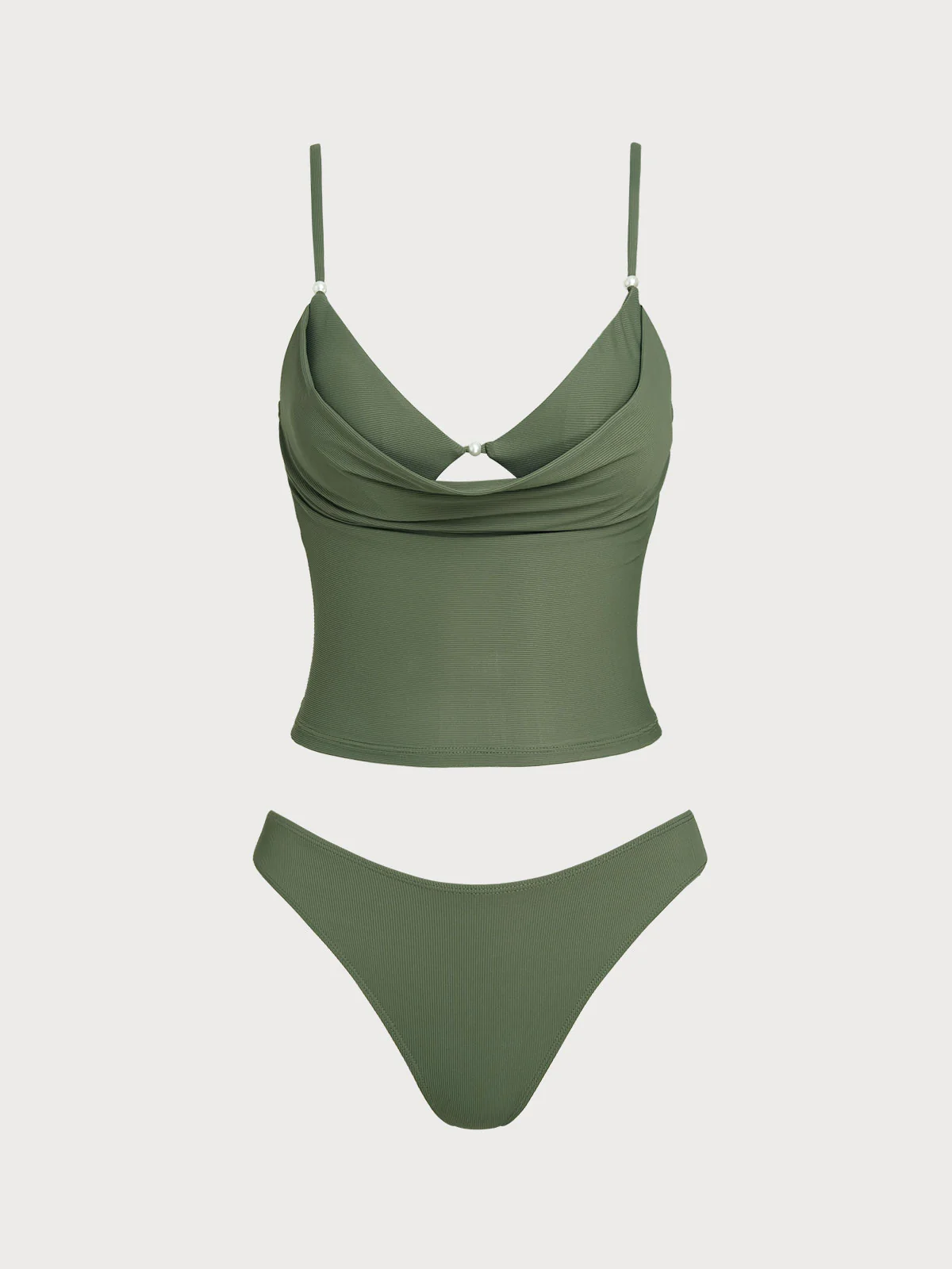 Grey Green Ribbed Fake Two-Piece Tankini Set - Image 6