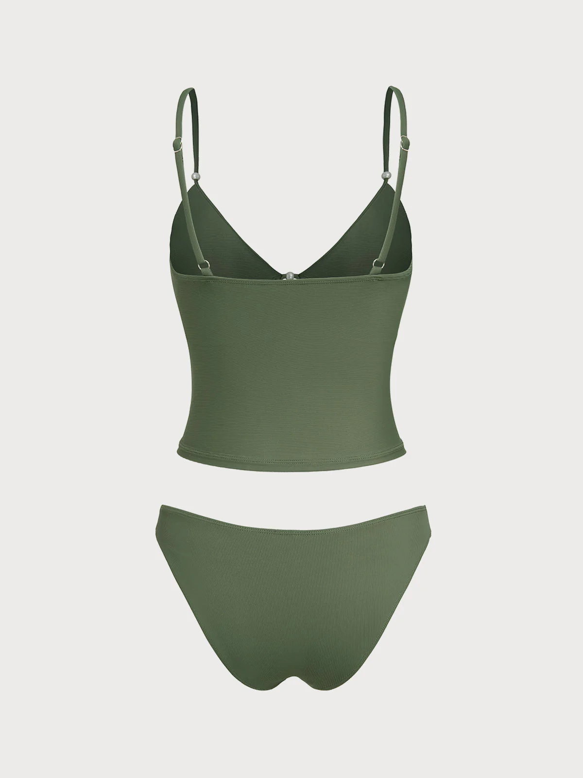 Grey Green Ribbed Fake Two-Piece Tankini Set - Image 7