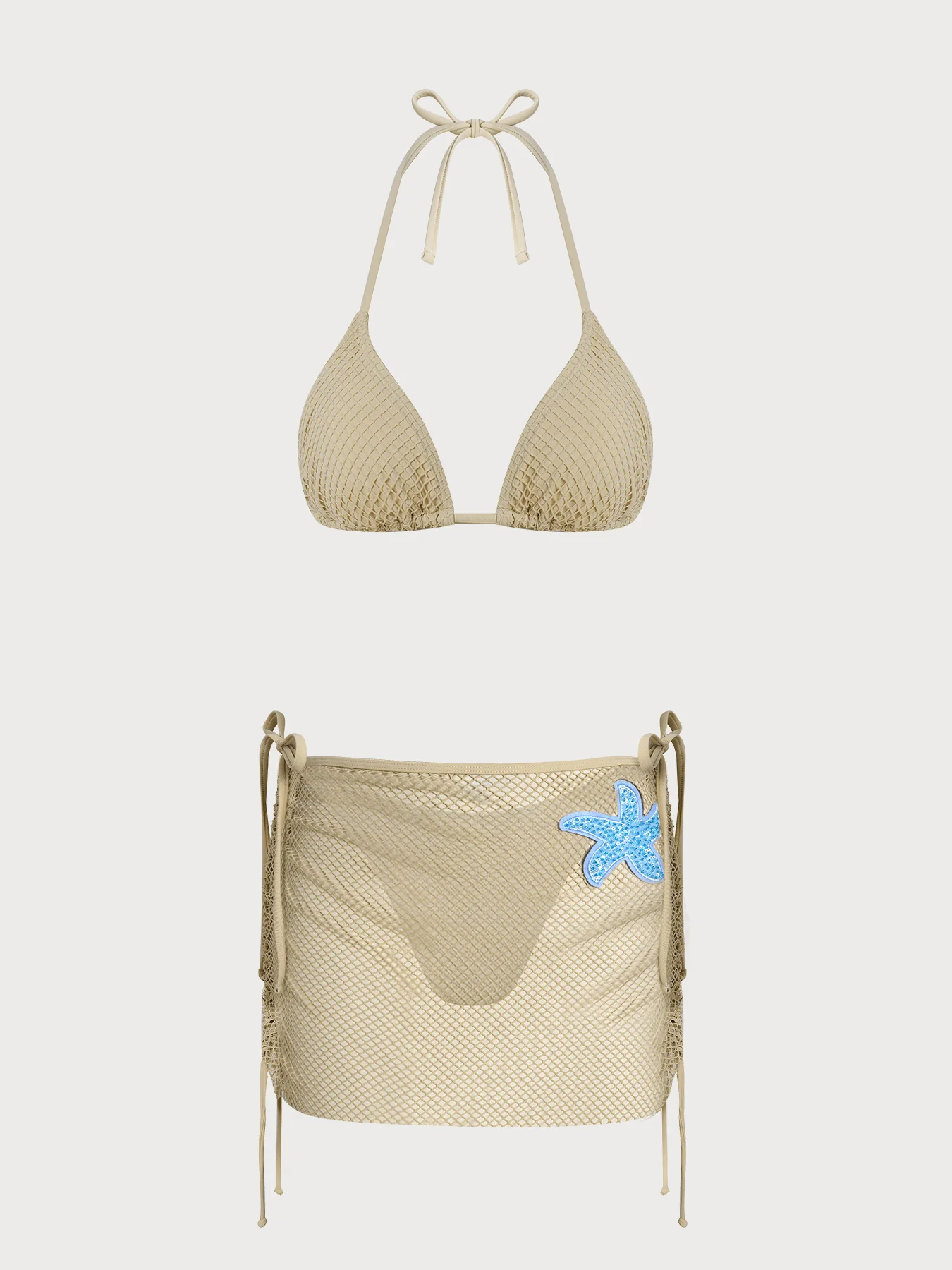 Khaki Plaid Contrast Starfish Bikini Three-Piece Set - Image 9