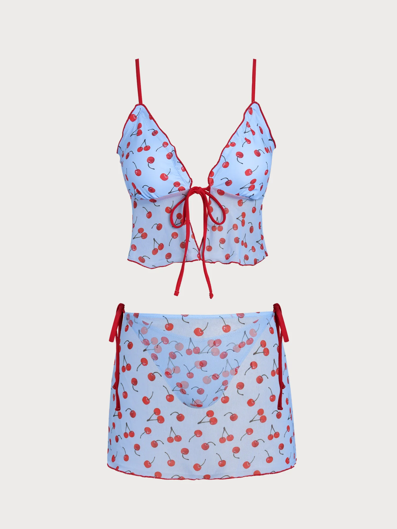 Light Blue Contrast Cherry Tie Front Tankini Three-Piece Set - Image 8