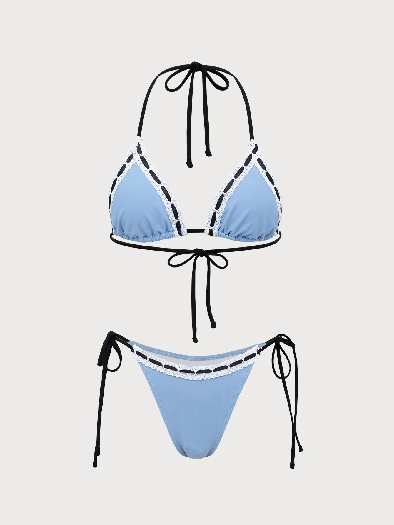 Light Blue Contrast Lace Triangle Bikini Set - Image 7