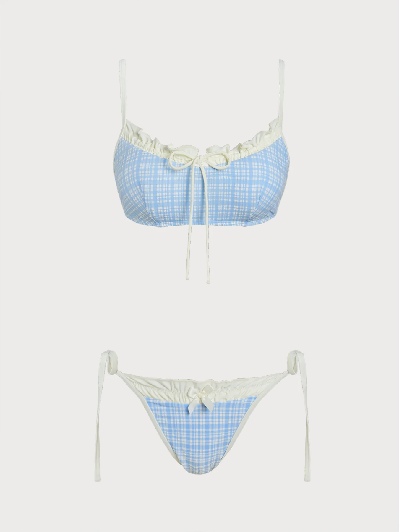 Light Blue Contrast Plaid Ruffle Bikini Set
