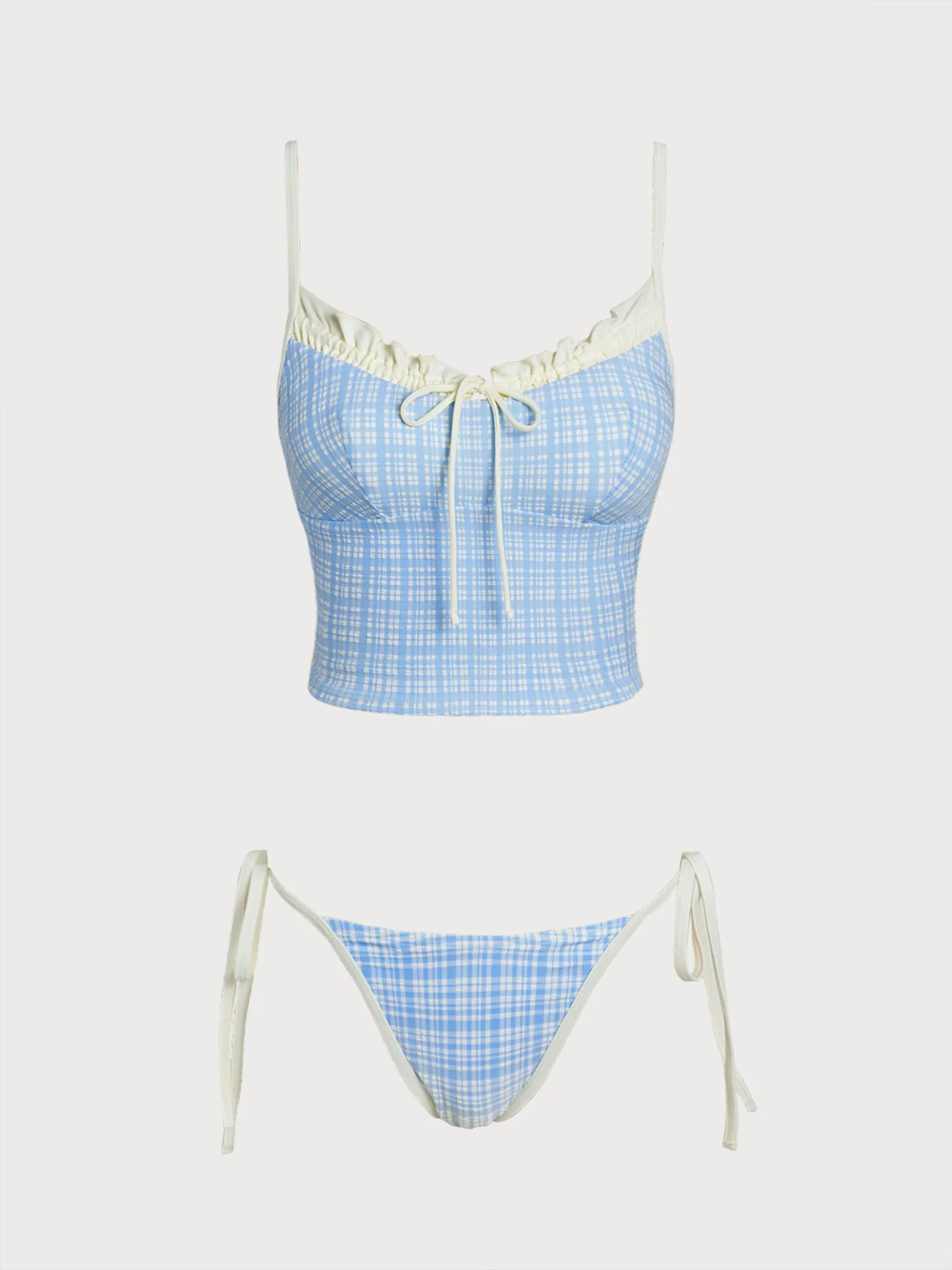 Light Blue Contrast Plaid Ruffle Tankini Set