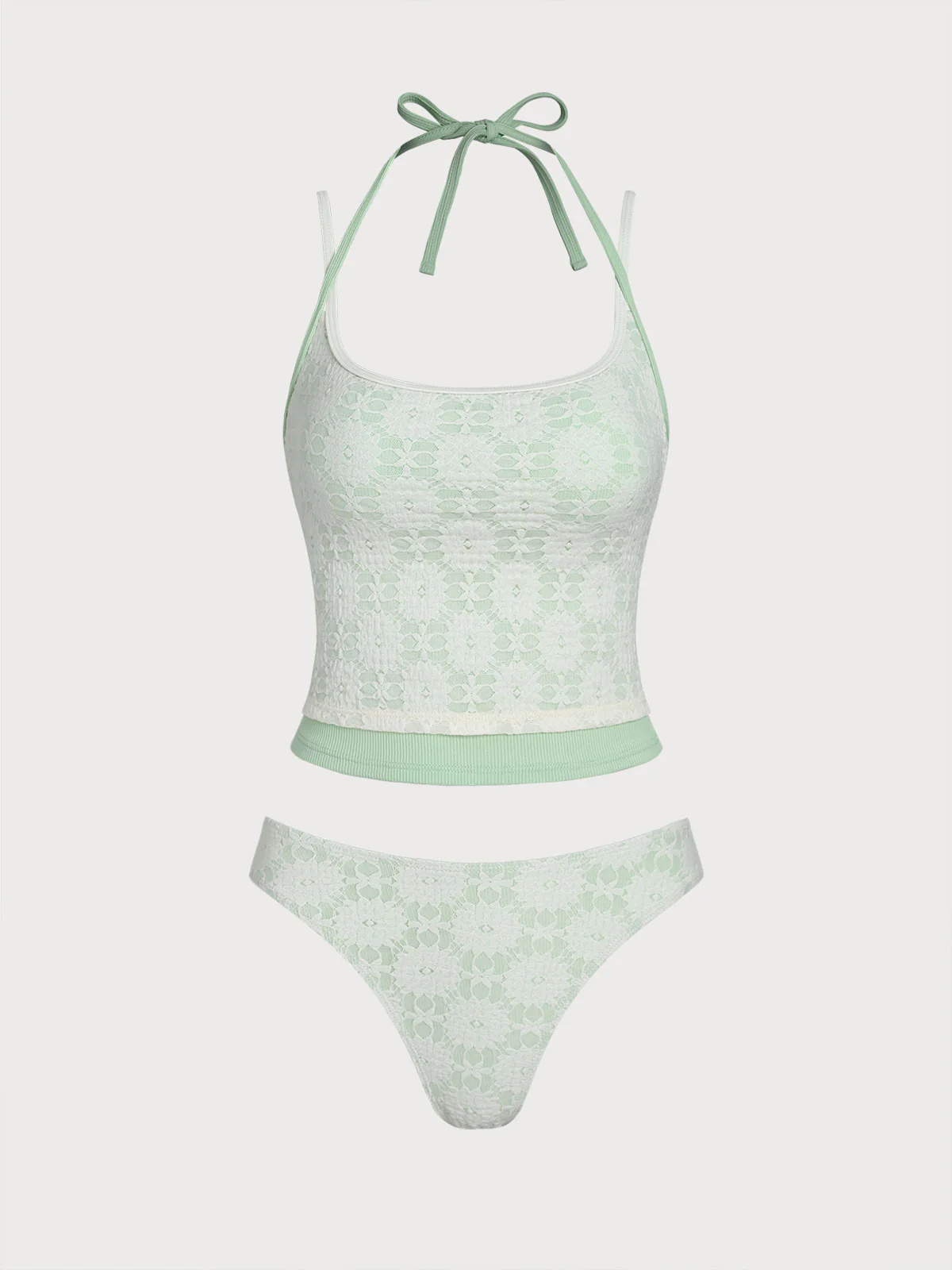 Light Green Contrast Lace Tankini Set - Image 7